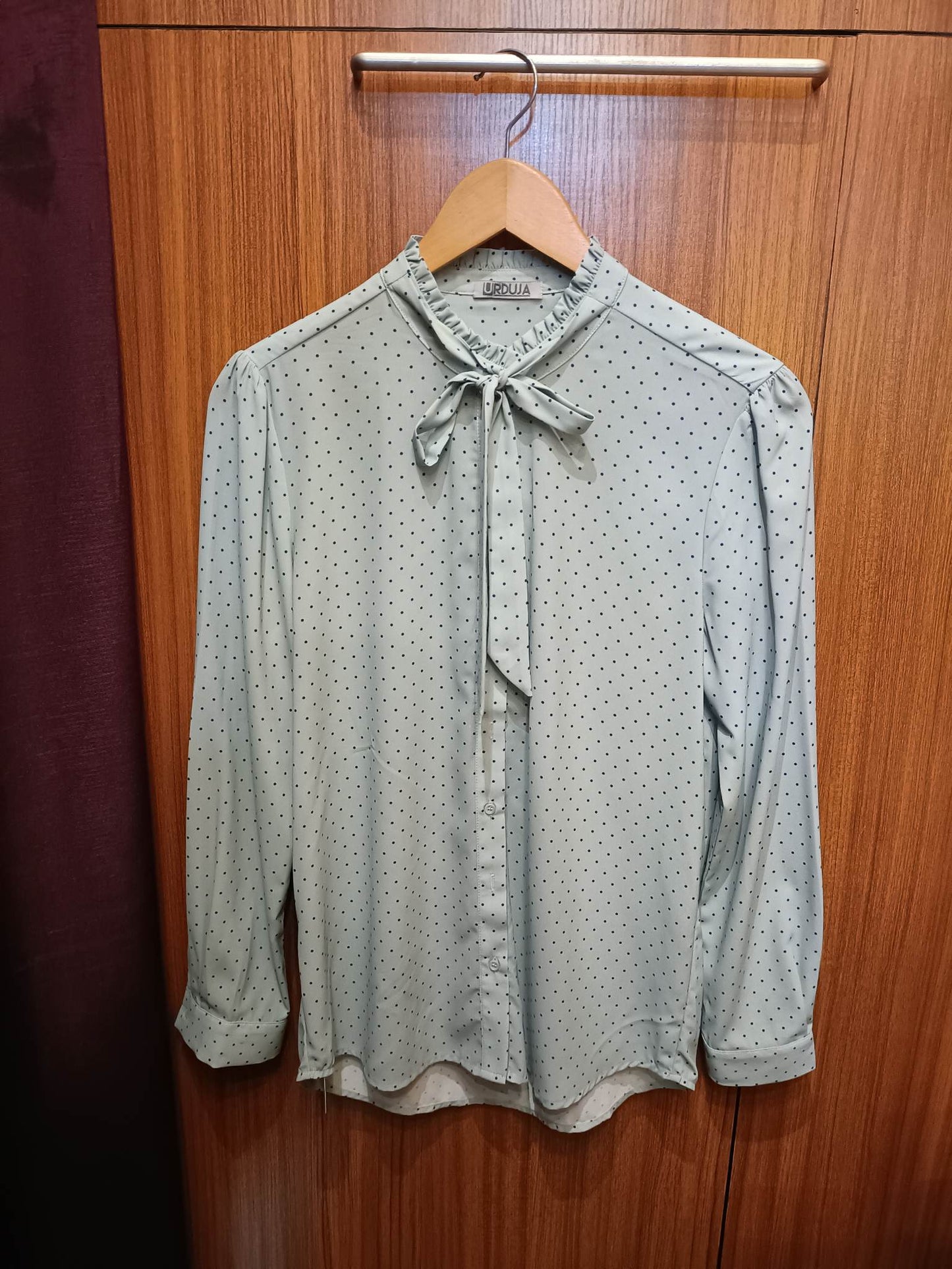 Ruffles Neck Polka Long Sleeves Blouse with Bow Tie