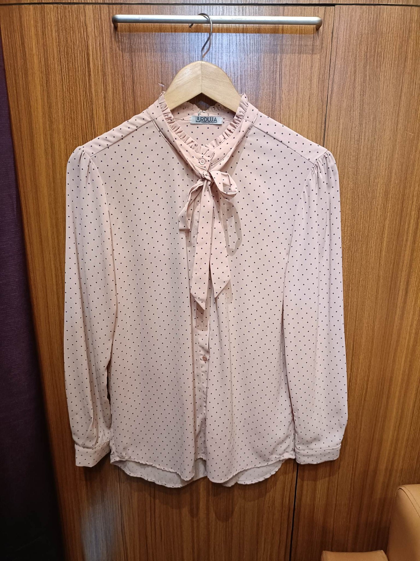 Ruffles Neck Polka Long Sleeves Blouse with Bow Tie