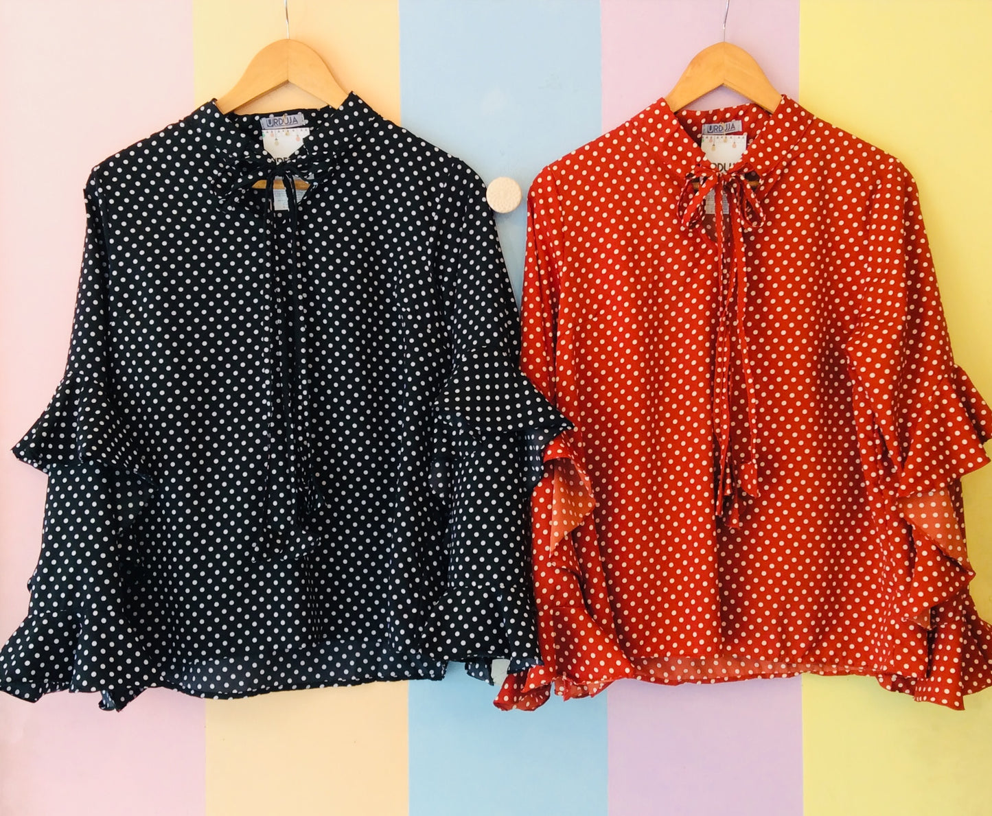 Polka Full Sleeve Top w/ Neck Ribbon and Ruffled Mermaid Sleeves