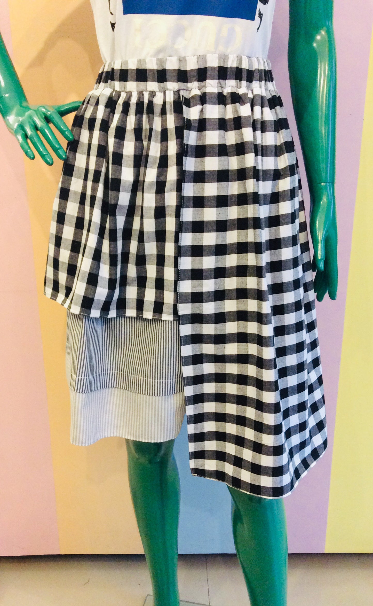 Checkered & Stripe Layered Short Skirt