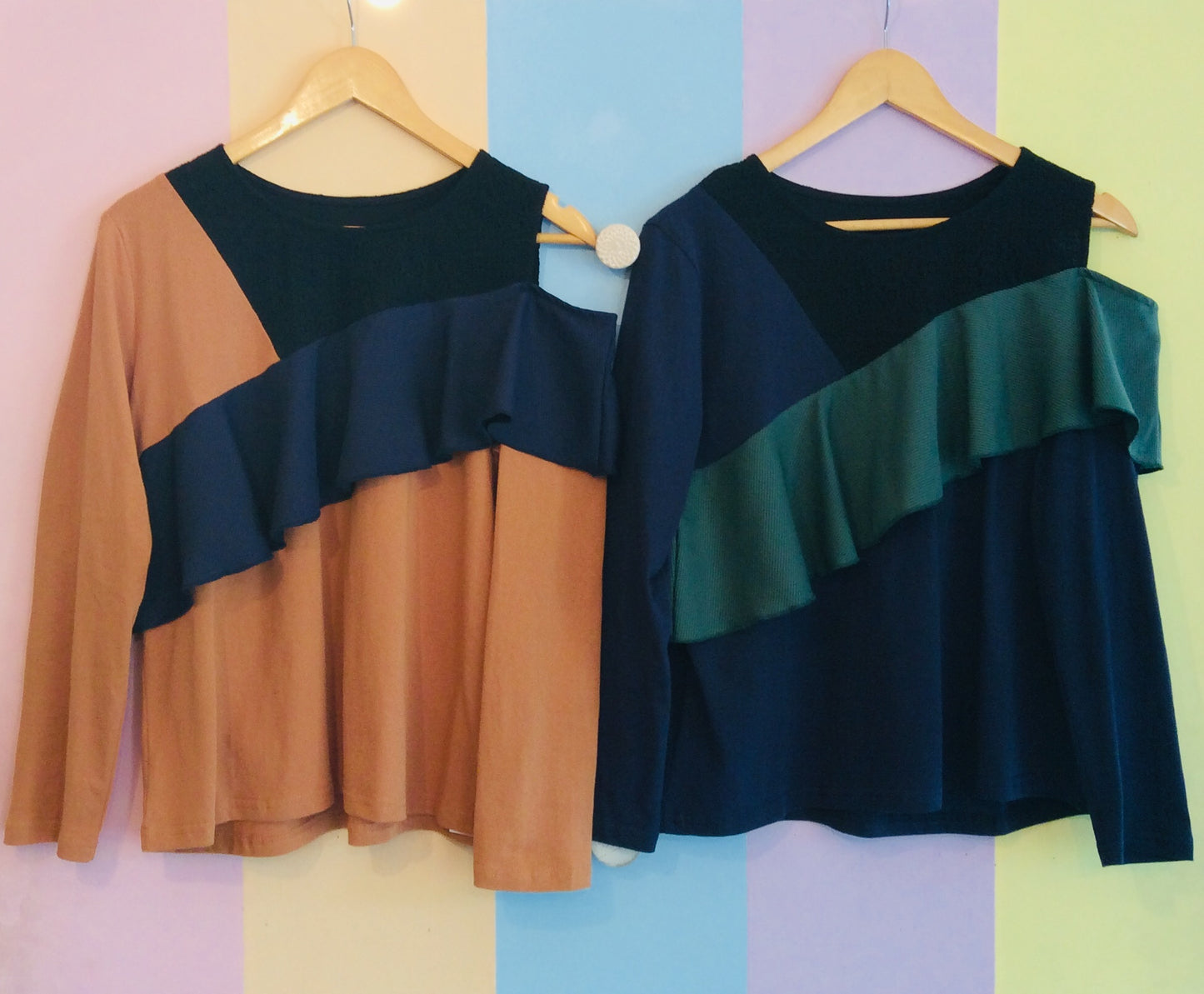 3-Tone & Texture Full Sleeve Top w/ One-Side Off-Shoulder