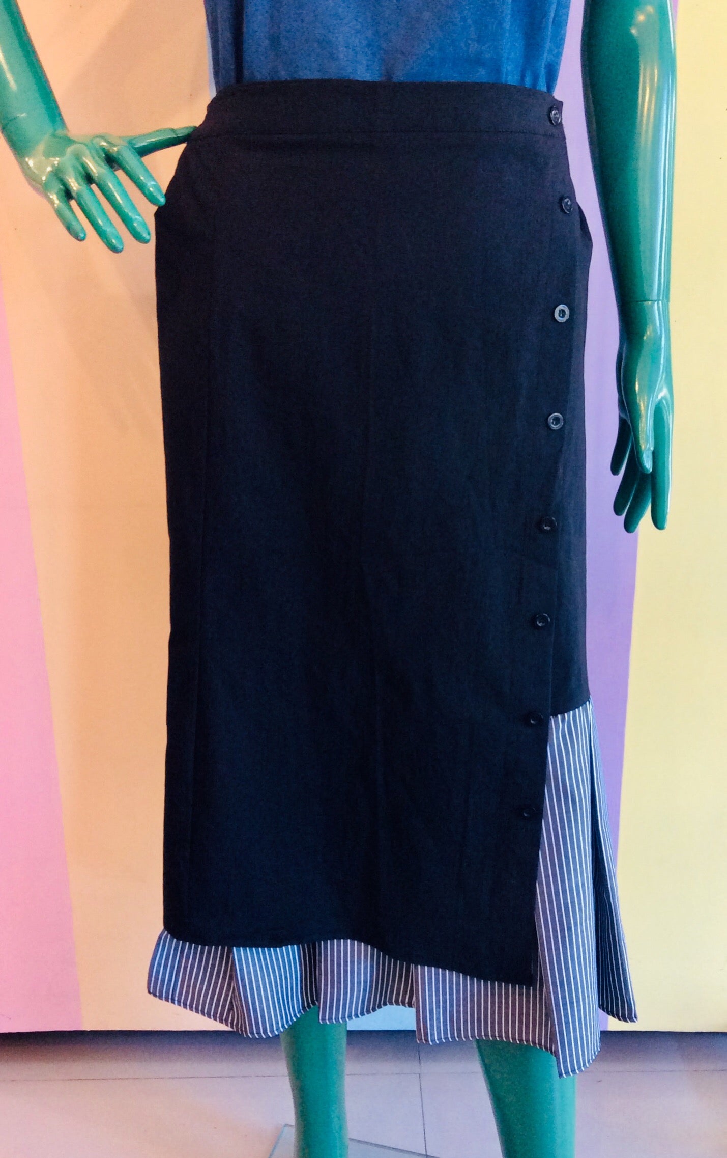 Elastic Waist Assymetric Midi Skirt w/ Pin-Stripe Layers