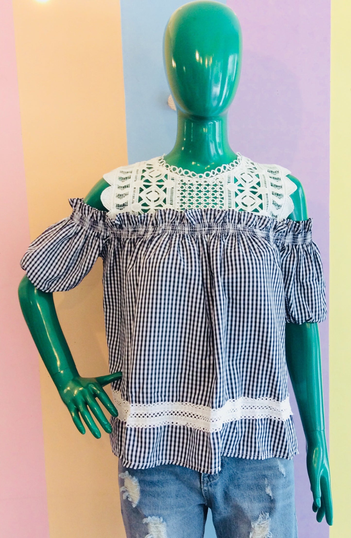 Gingham & Lace Off-Shoulder Top