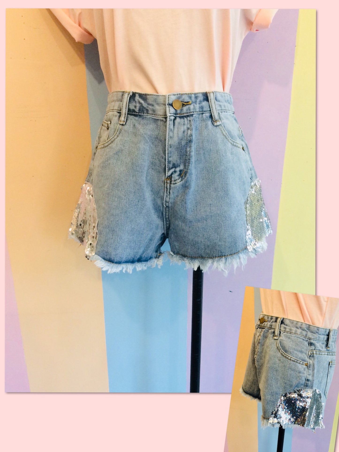 Denim Shorts w/ Side Sequins