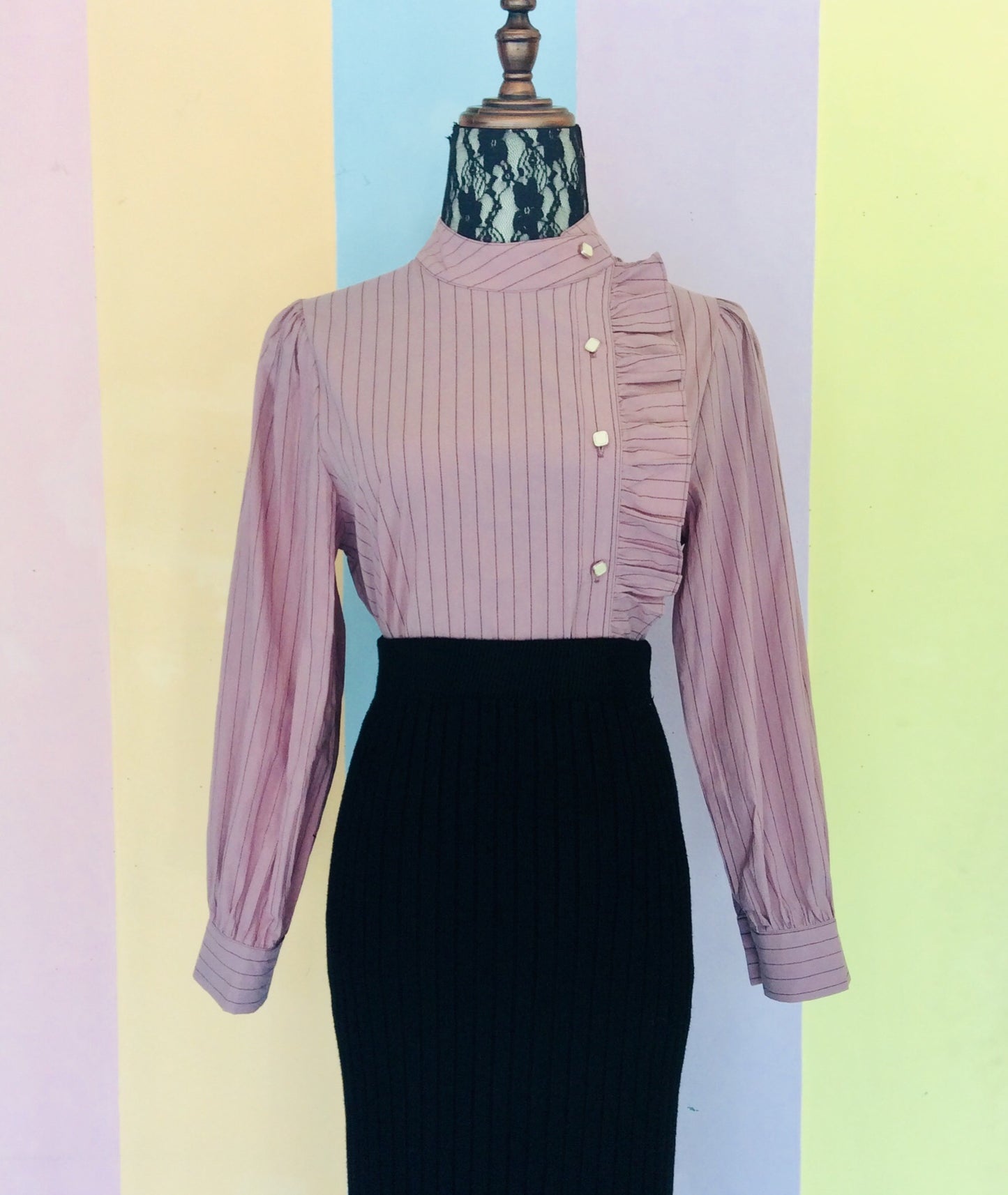 Stripe Full Sleeve Cotton Blouse w/ Ruffled Button-Down Effects