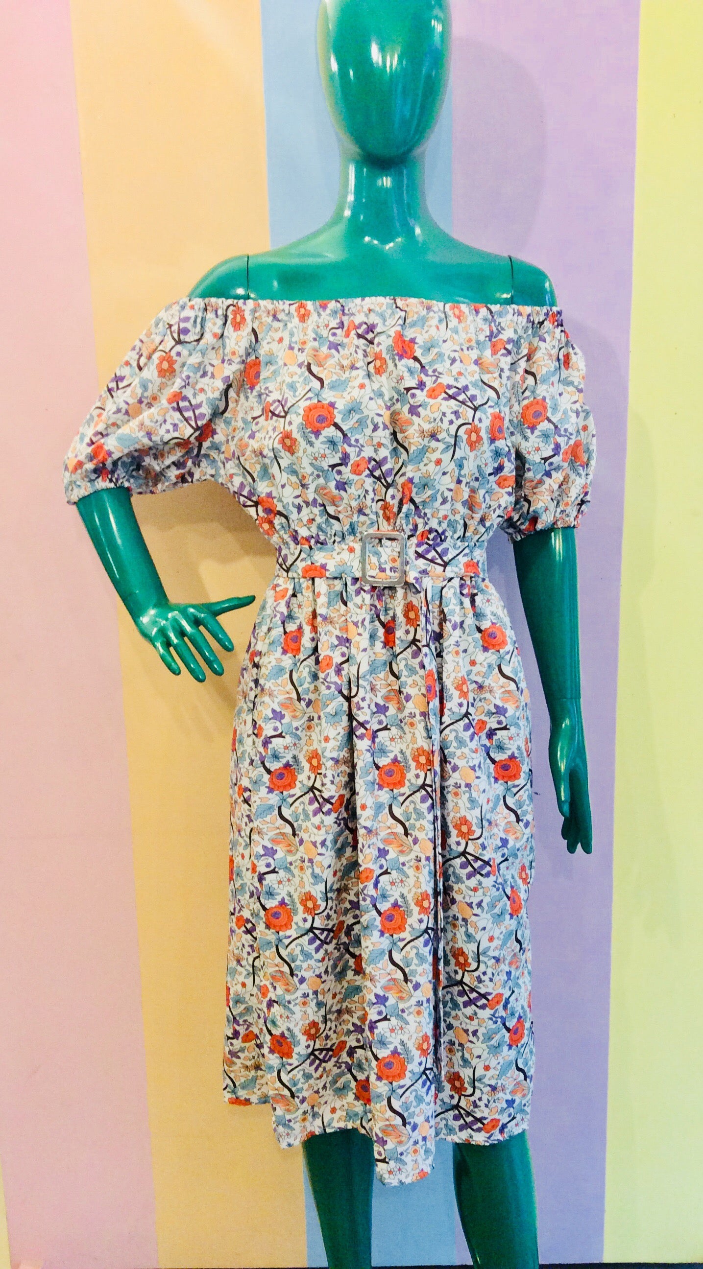 Lavender Floral Off-Shoulder Midi Dress w/ Pair Belt