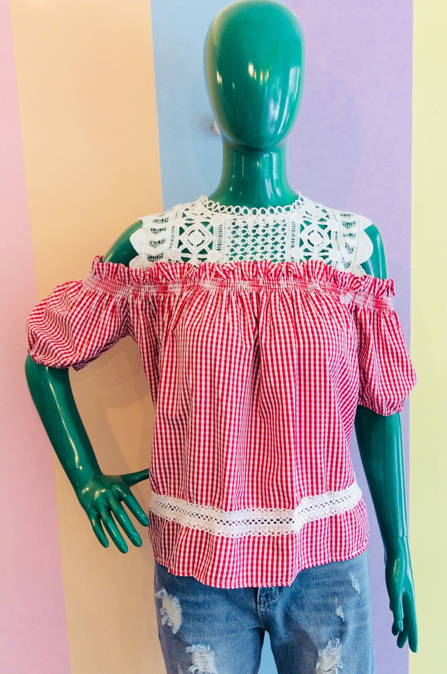 Gingham & Lace Off-Shoulder Top