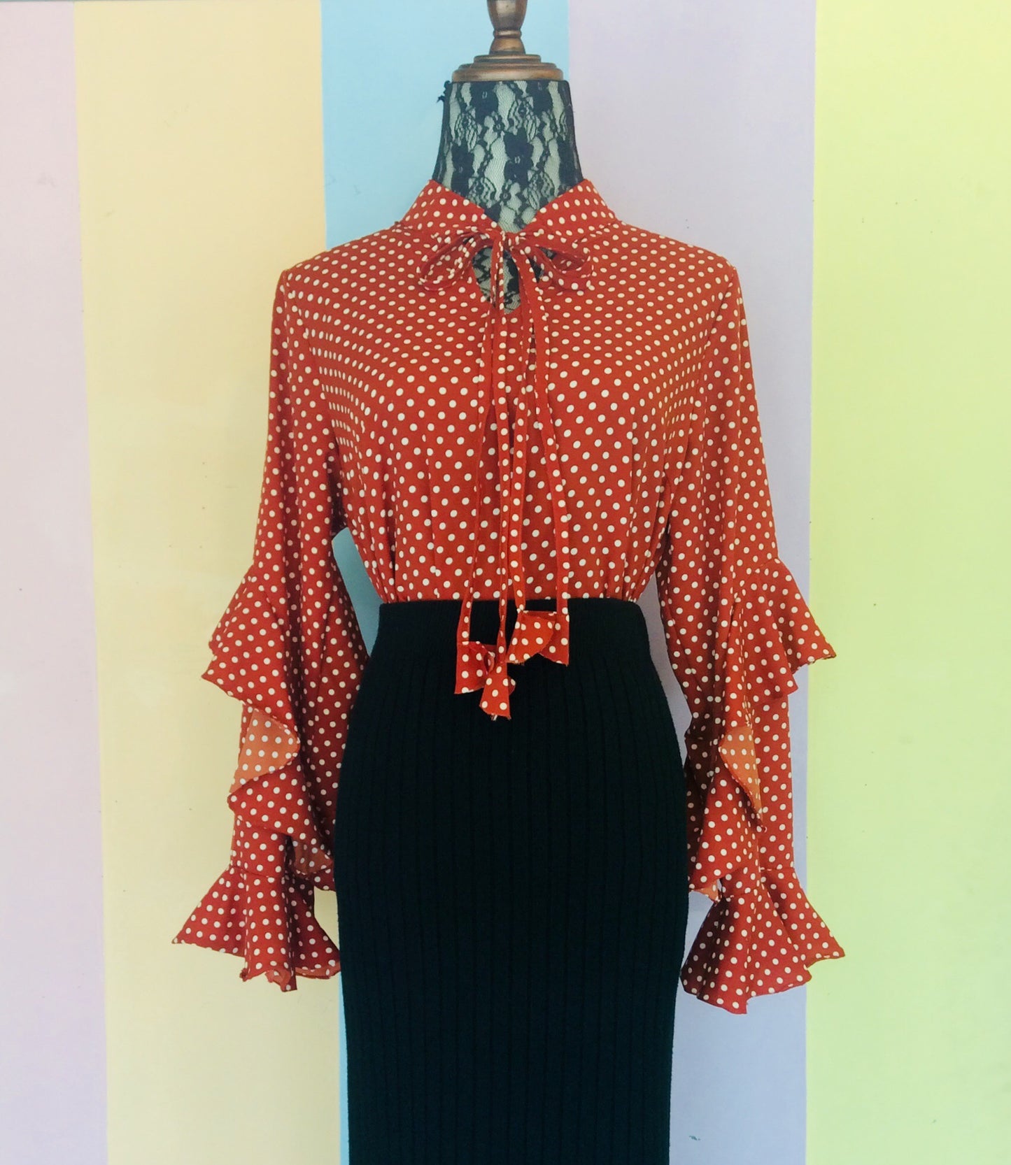 Polka Full Sleeve Top w/ Neck Ribbon and Ruffled Mermaid Sleeves