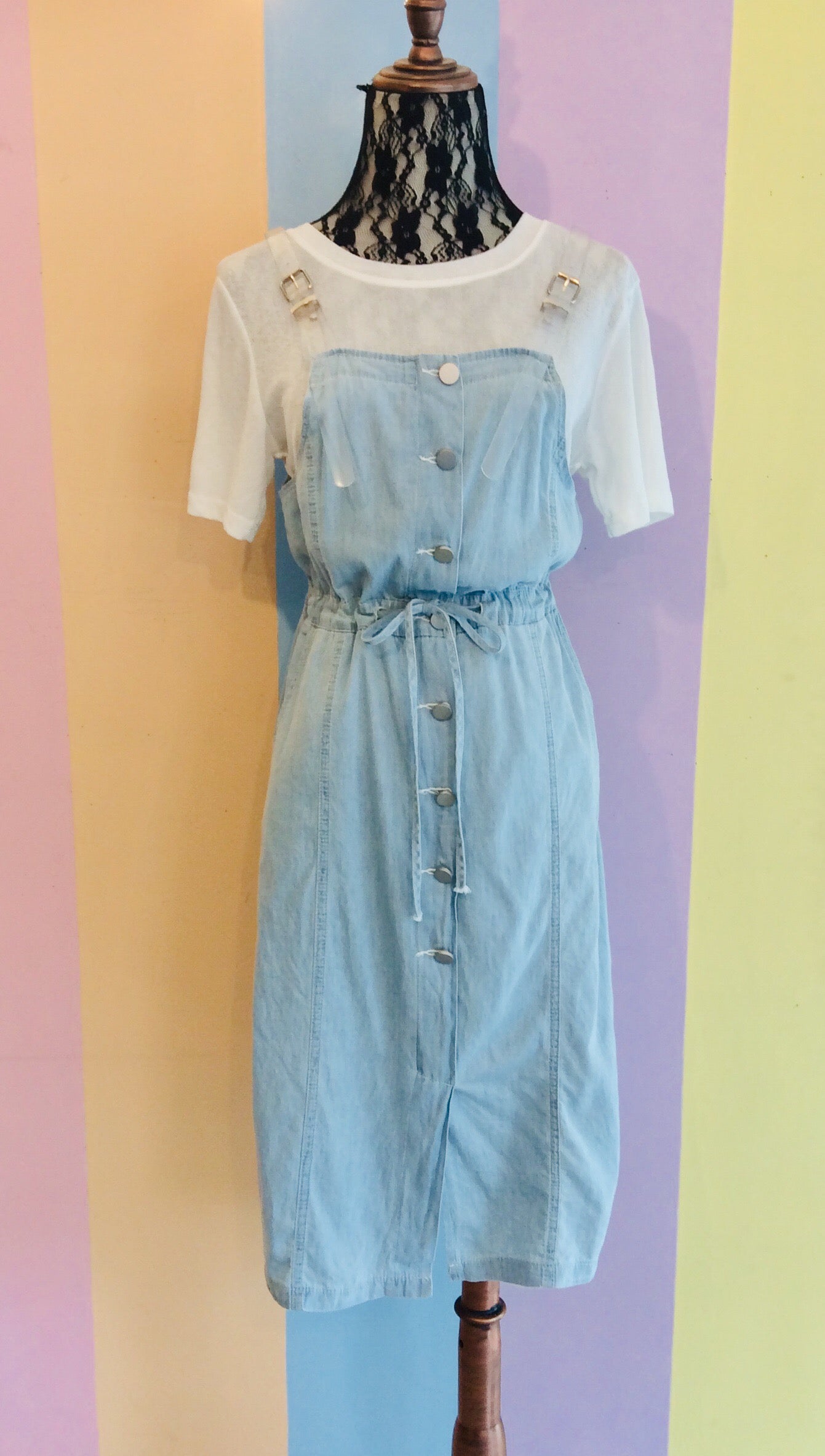 Sheer Long Top in Transparent Strap Button-Down Denim Jumper