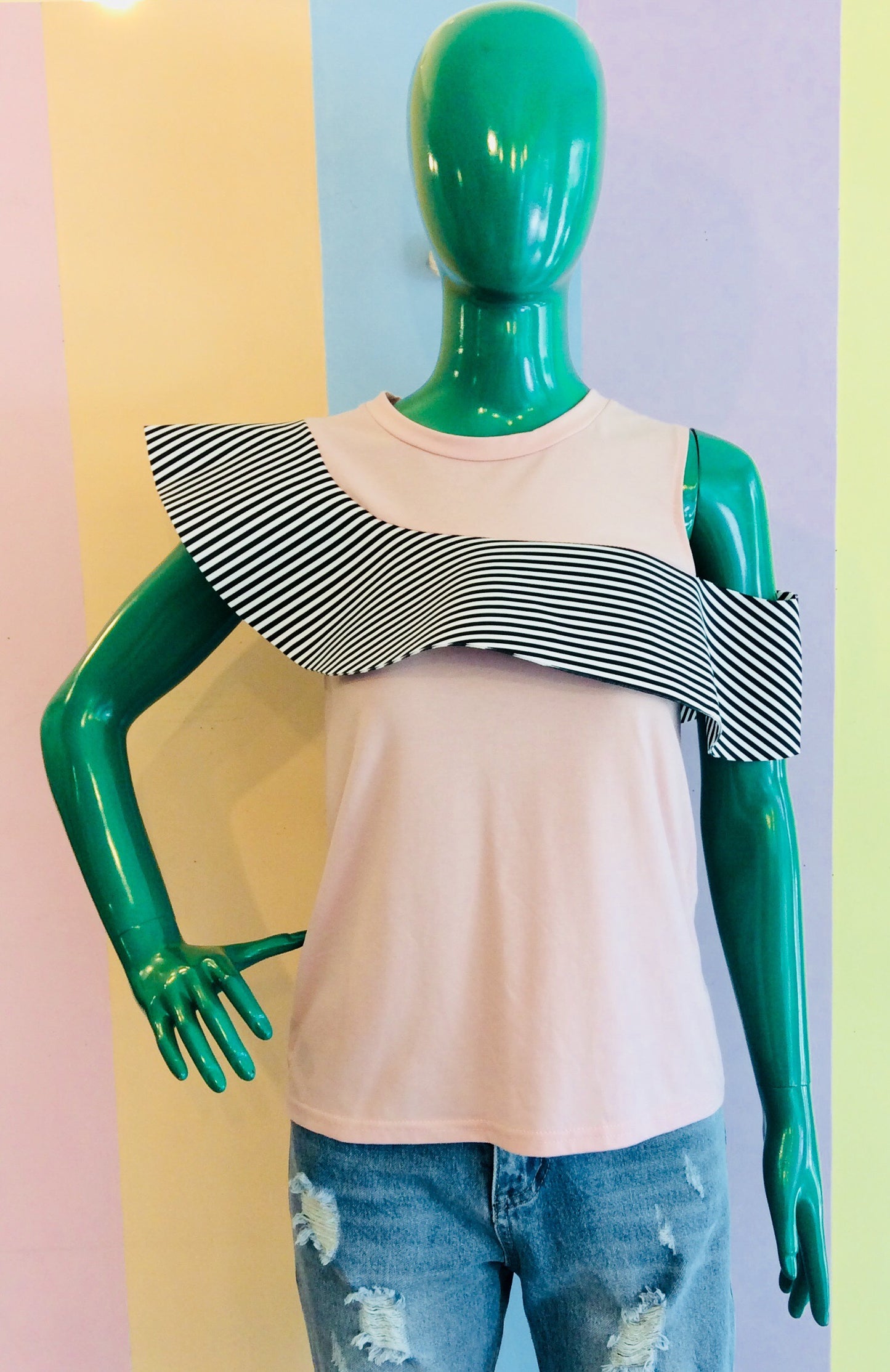 Plain Sleeveless Top w/ Asymmetric Stripe Wrap Around