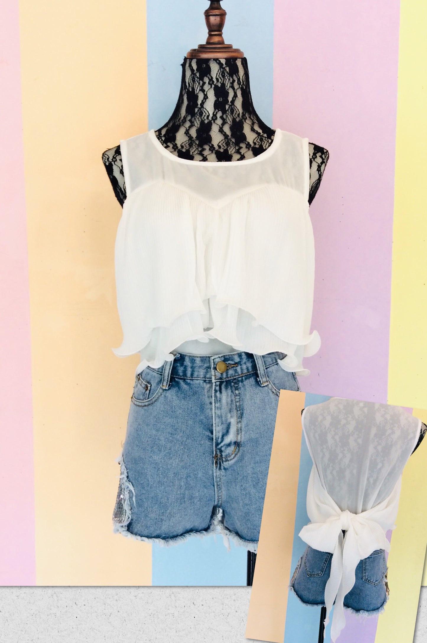 Heart Chiffon Sleeveless Top w/ Multi-way Bow