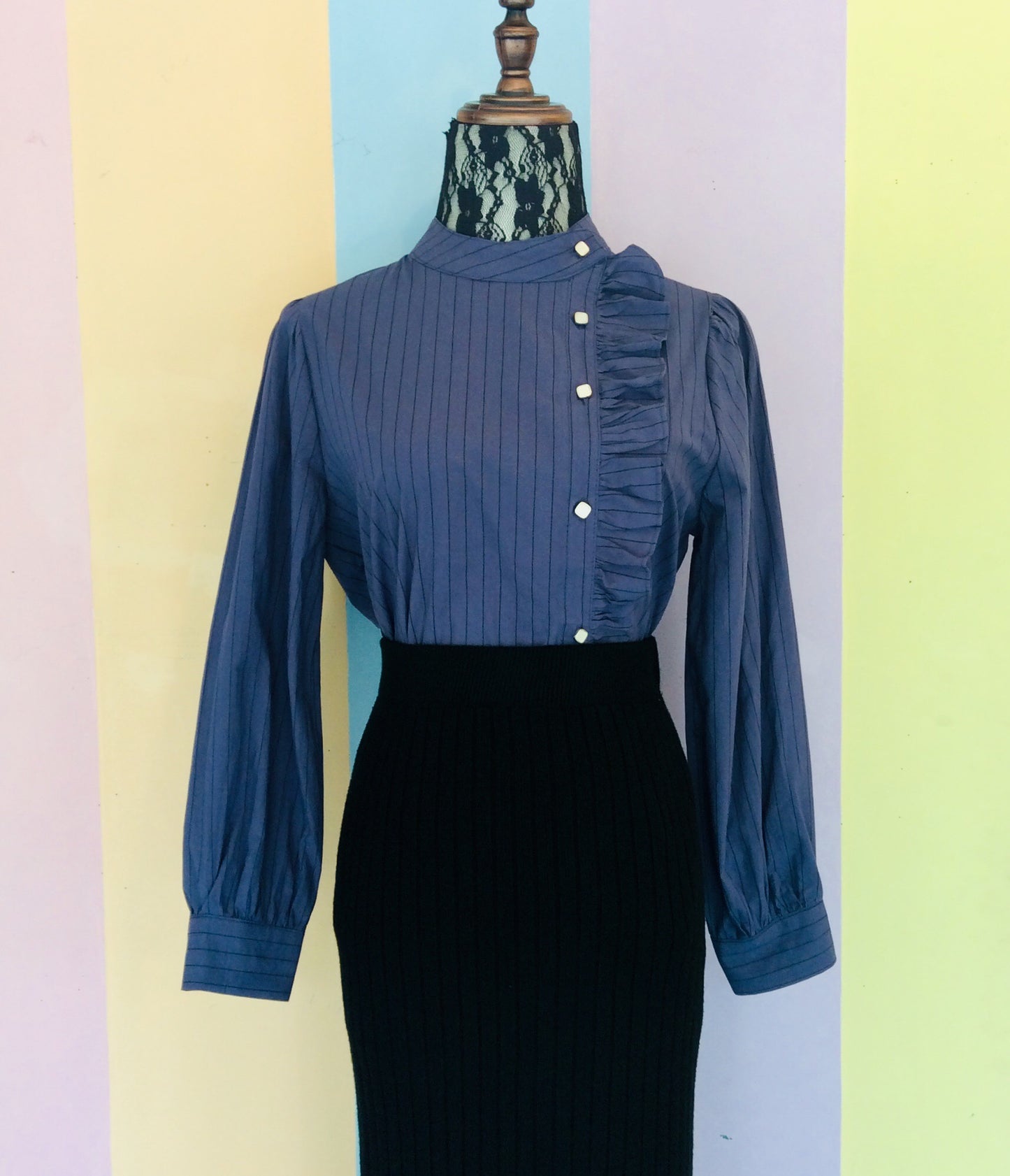 Stripe Full Sleeve Cotton Blouse w/ Ruffled Button-Down Effects