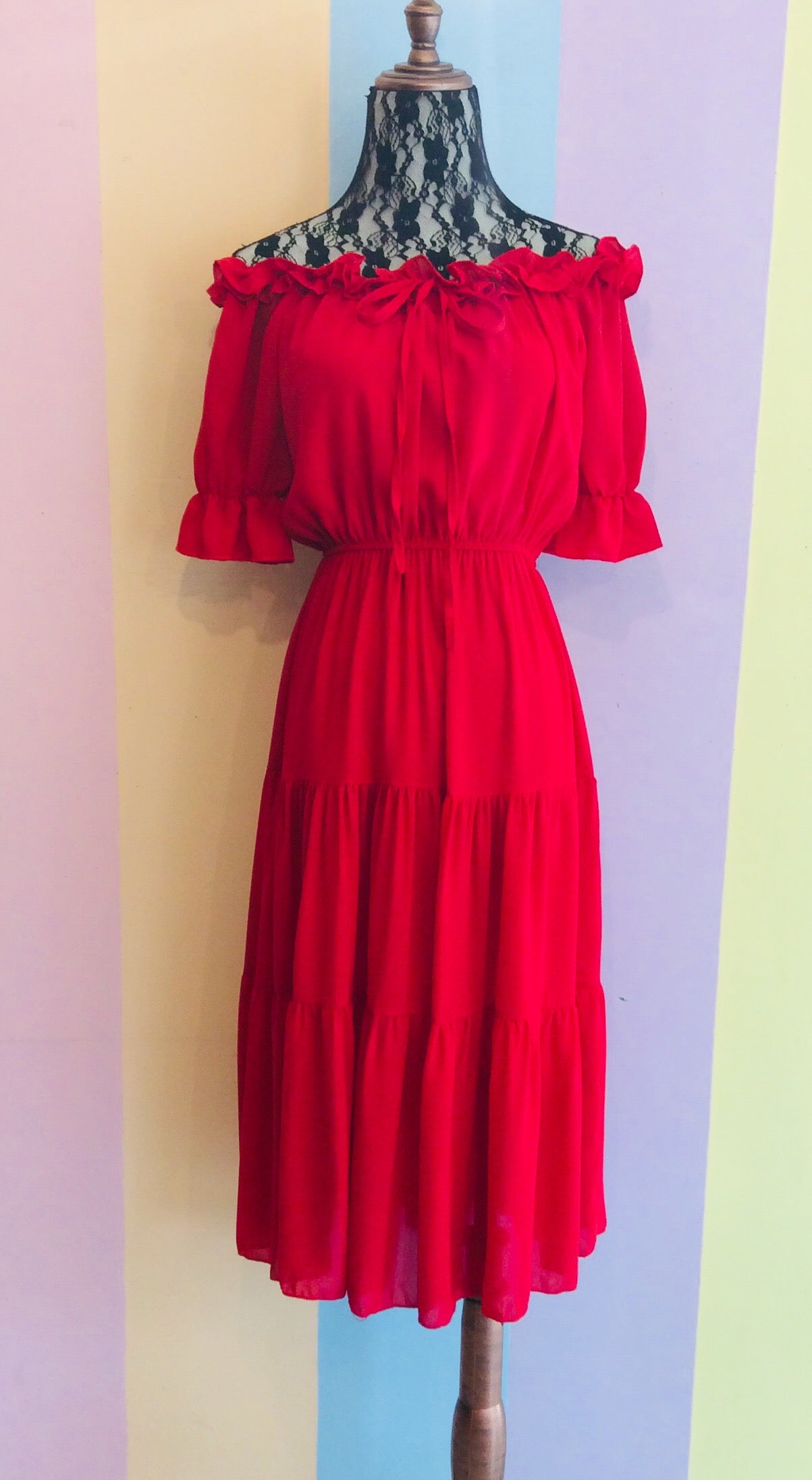 2-Way Sabrina Chiffon Layered Midi Dress w/ Elastic Short Sleeves