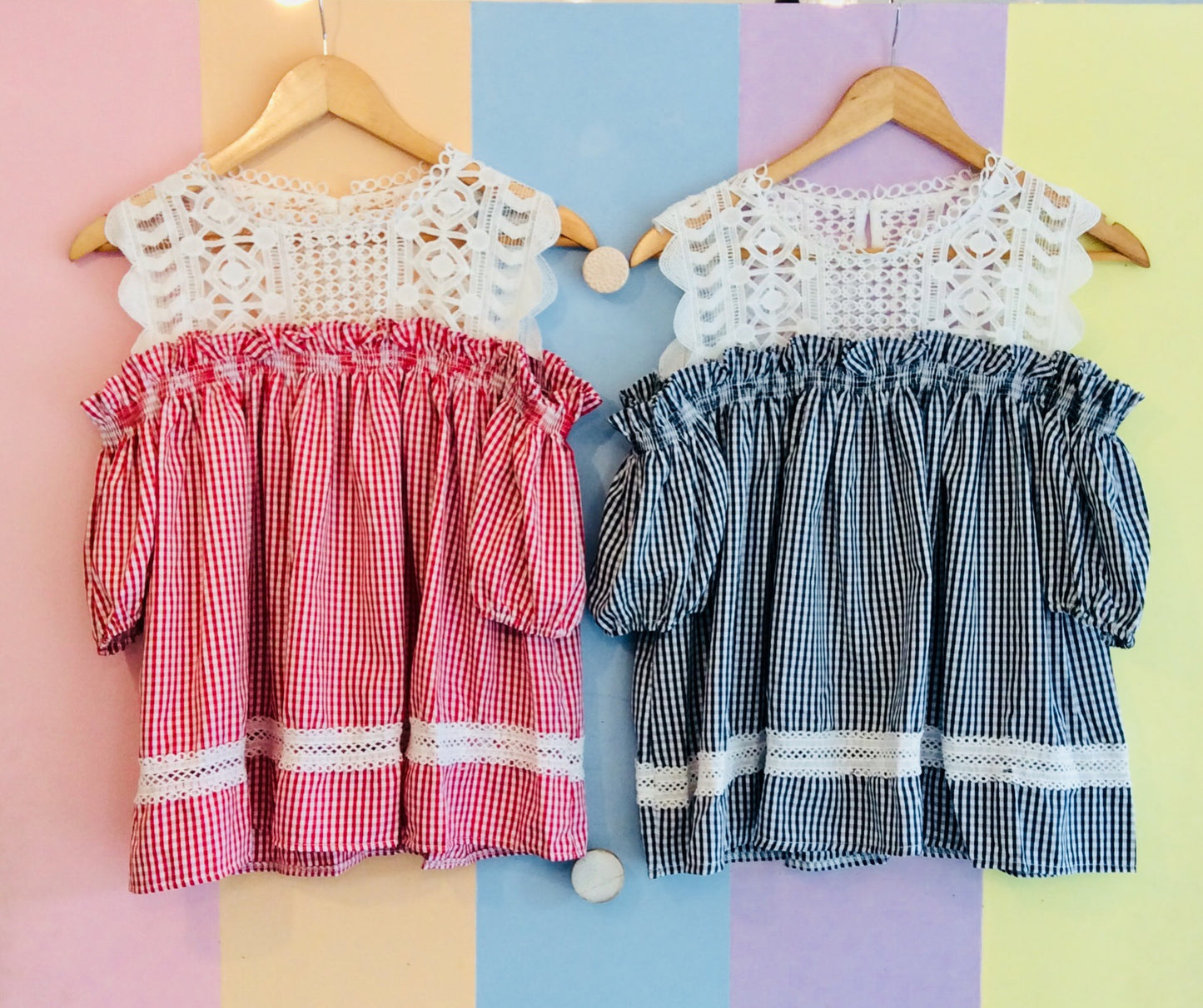 Gingham & Lace Off-Shoulder Top