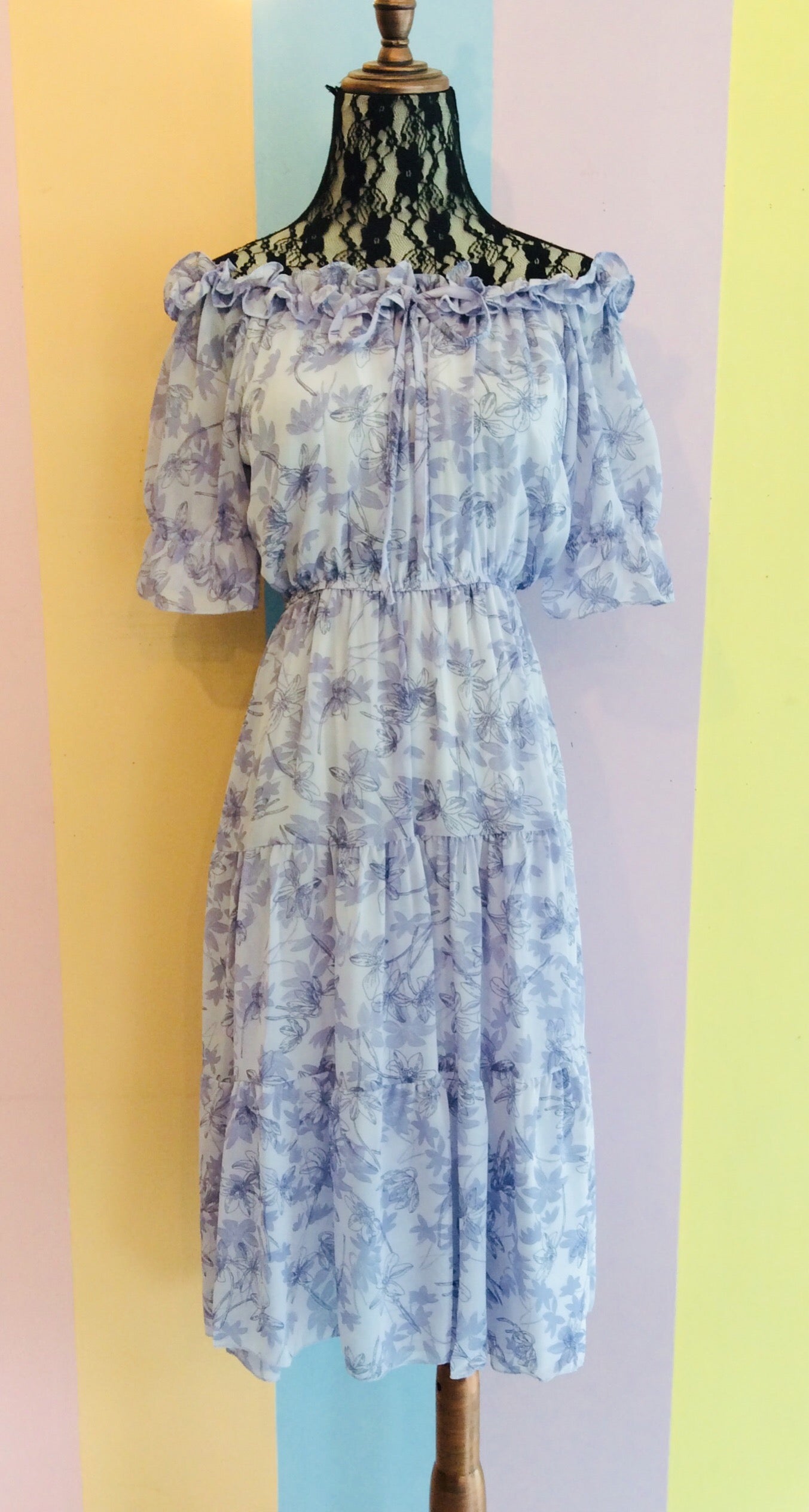 2-Way Sabrina Chiffon Layered Midi Dress w/ Elastic Short Sleeves