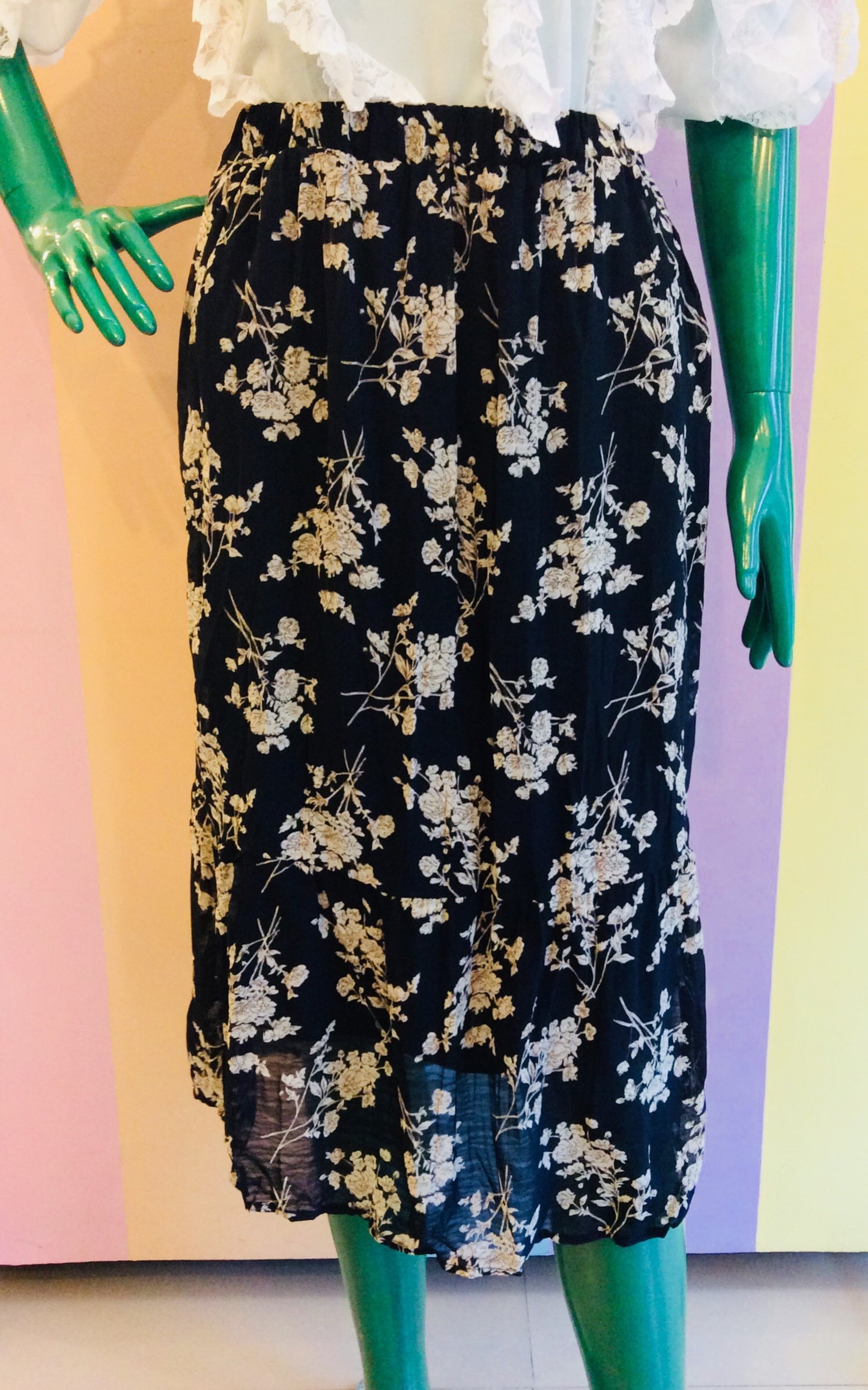 Crumpled Floral Midi Skirt w/ Elastic Waist