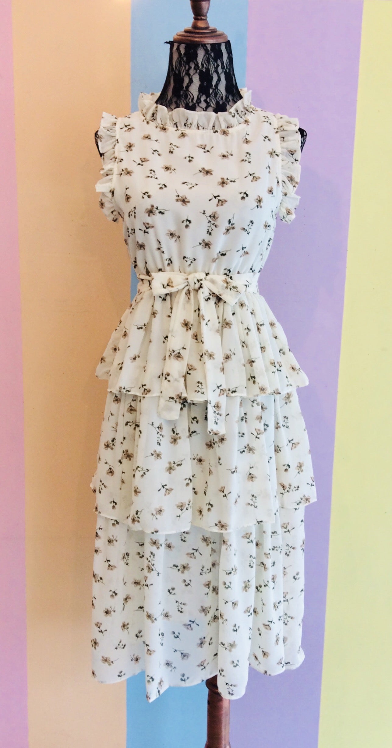 Short Sheer Ruffle Sleeves Layered Midi Dress w/ Matching Bow Belt