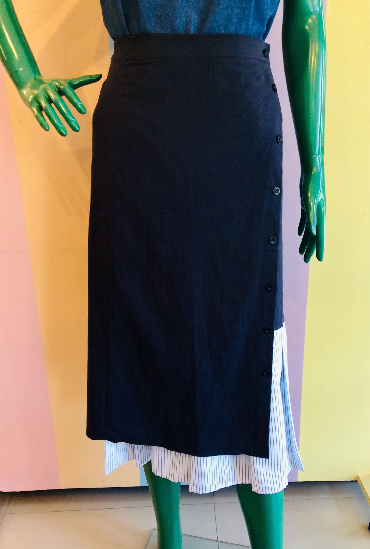 Elastic Waist Assymetric Midi Skirt w/ Pin-Stripe Layers