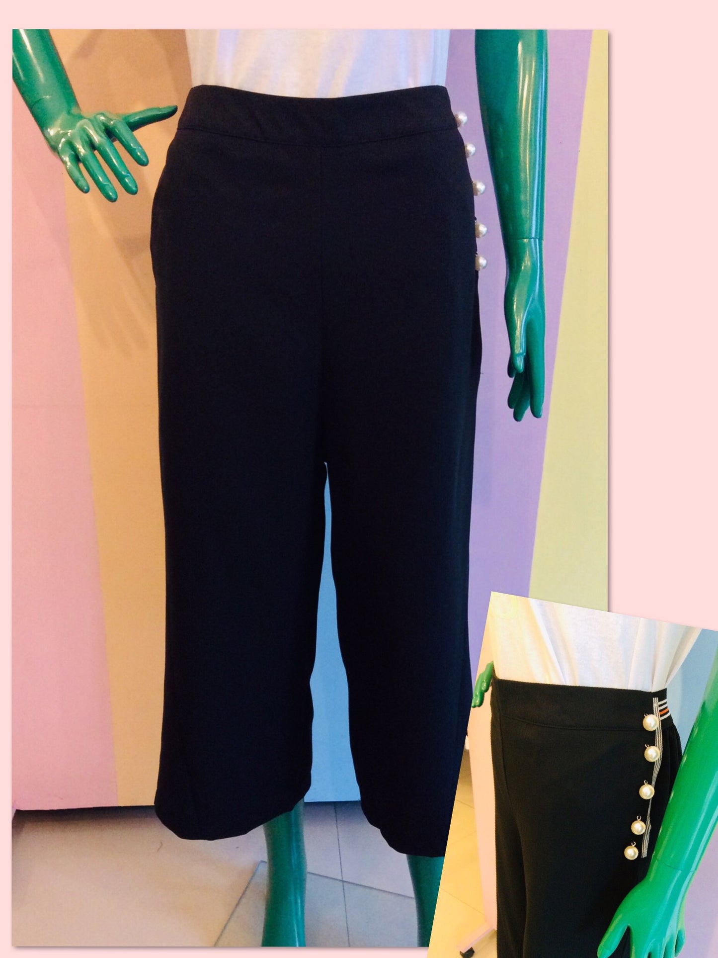 Elastic Stripe Waist w/ Pearl Embel & Size Pockets