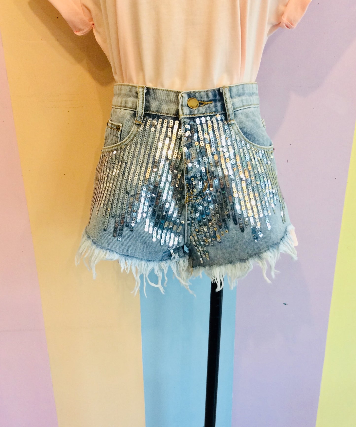 Denim Short w/ Drop Sequin Embellishment