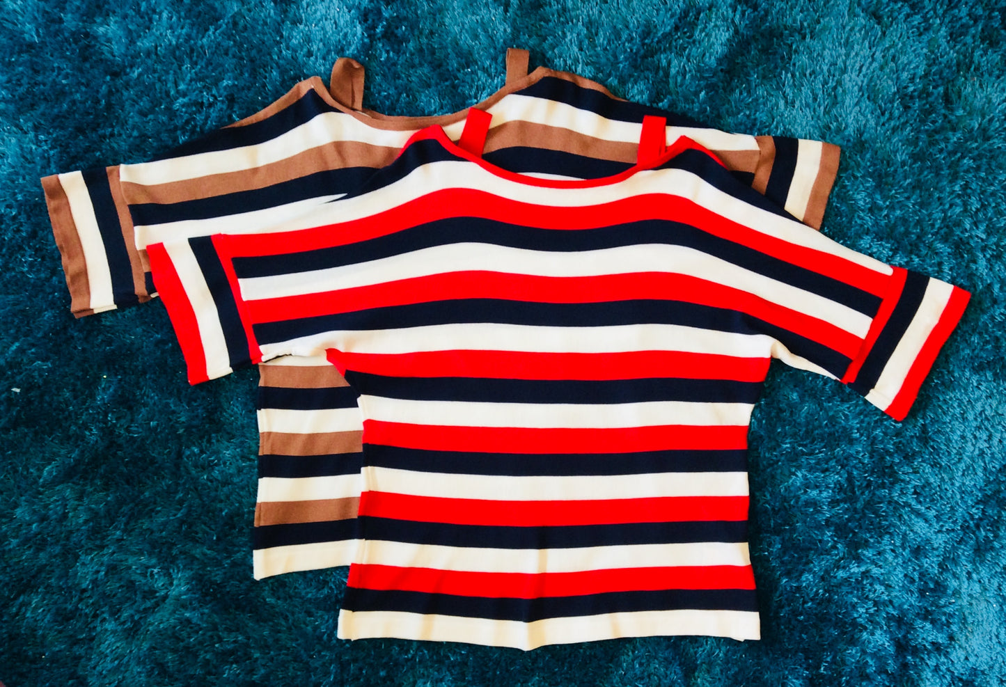 Three-Tone Stripe Oversized Knitted 3/4 Sleeve Top '22