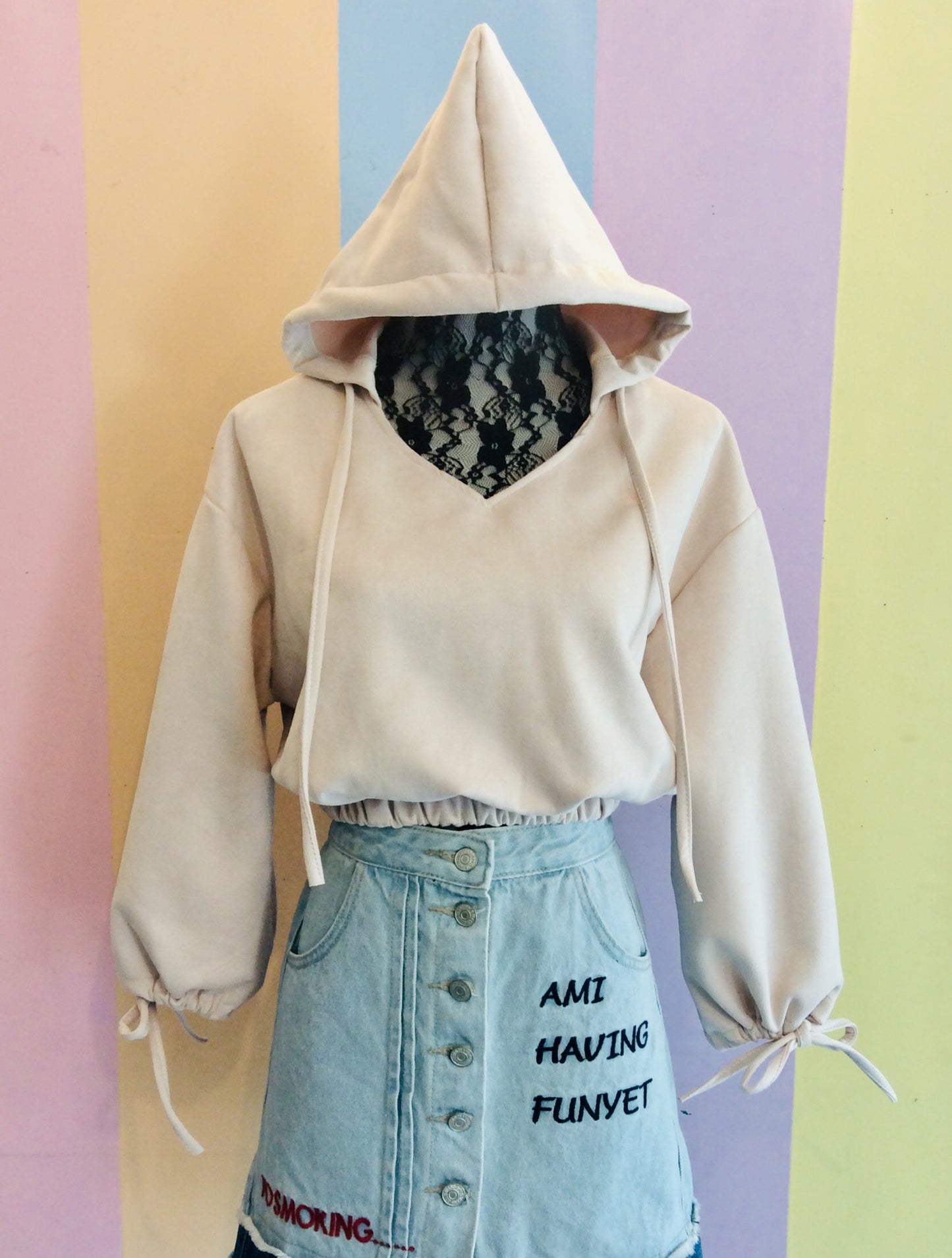 Plain Velvet Crop Top in Full Sleeves Bell w/ Hoodie '22