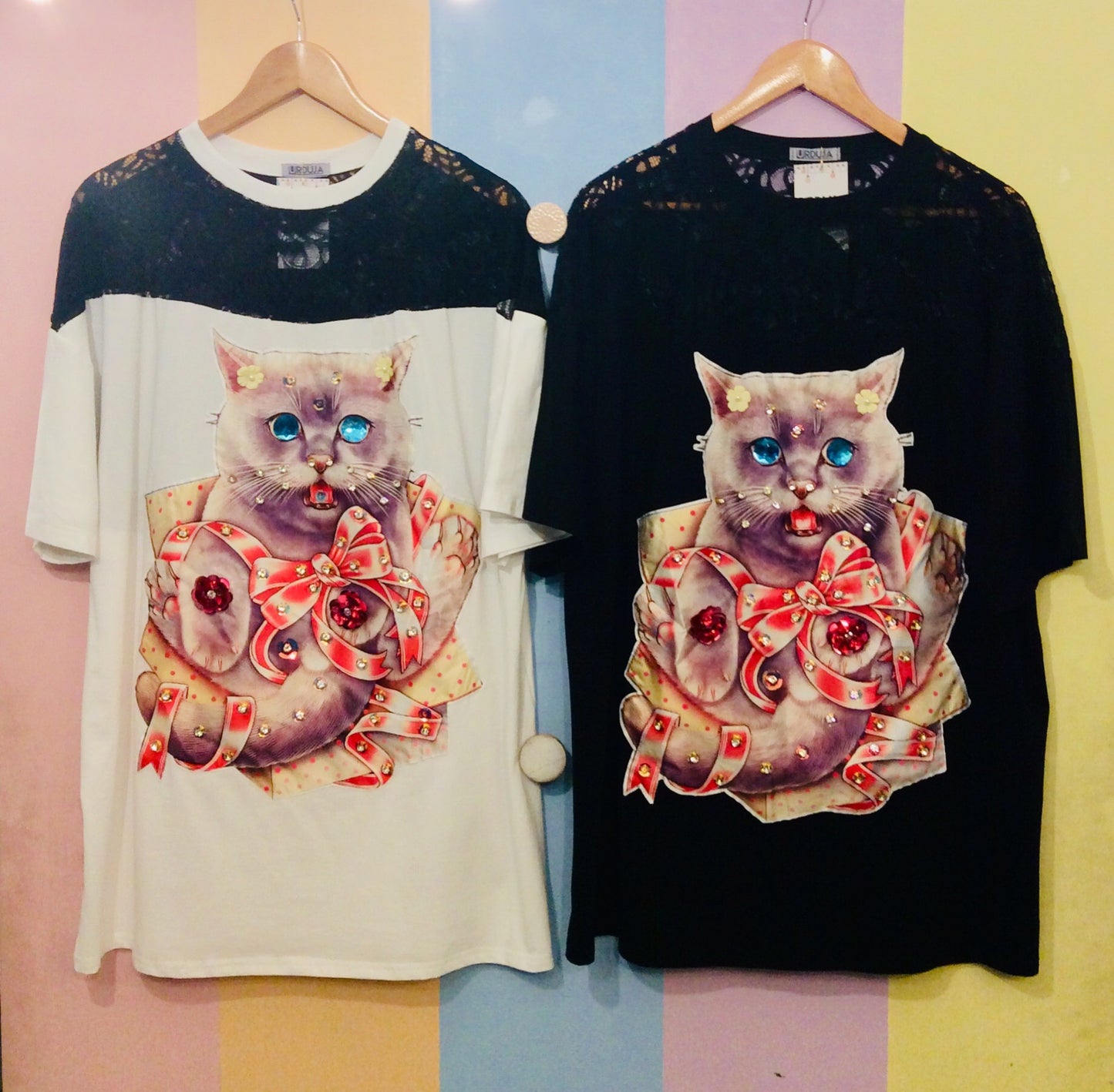 Cotton & Sexy Back Lace Kitty Oversize Tee w/ Gems...