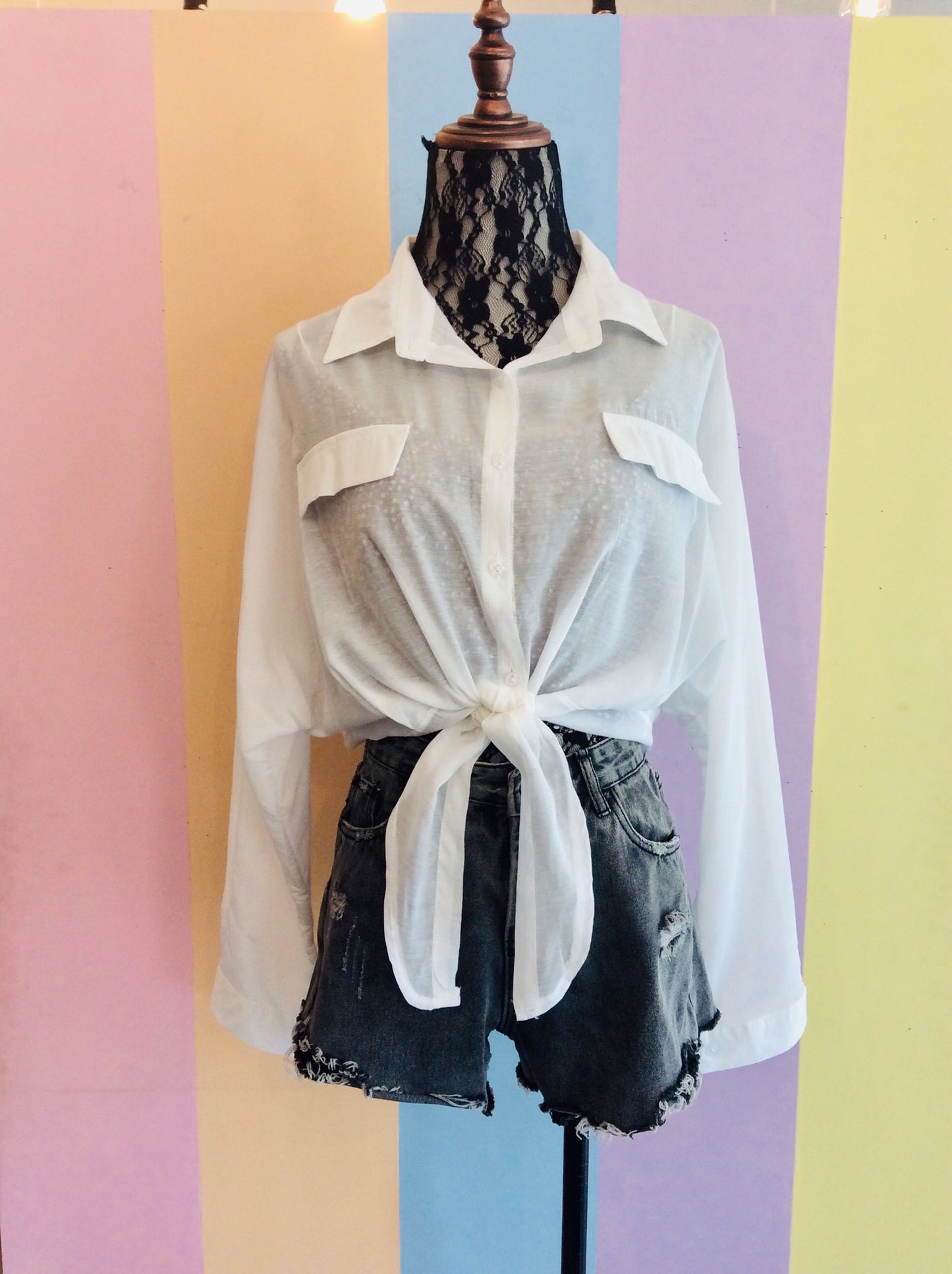 Classic Plain Button Down Full Sleeve Top w/ Belly Bow