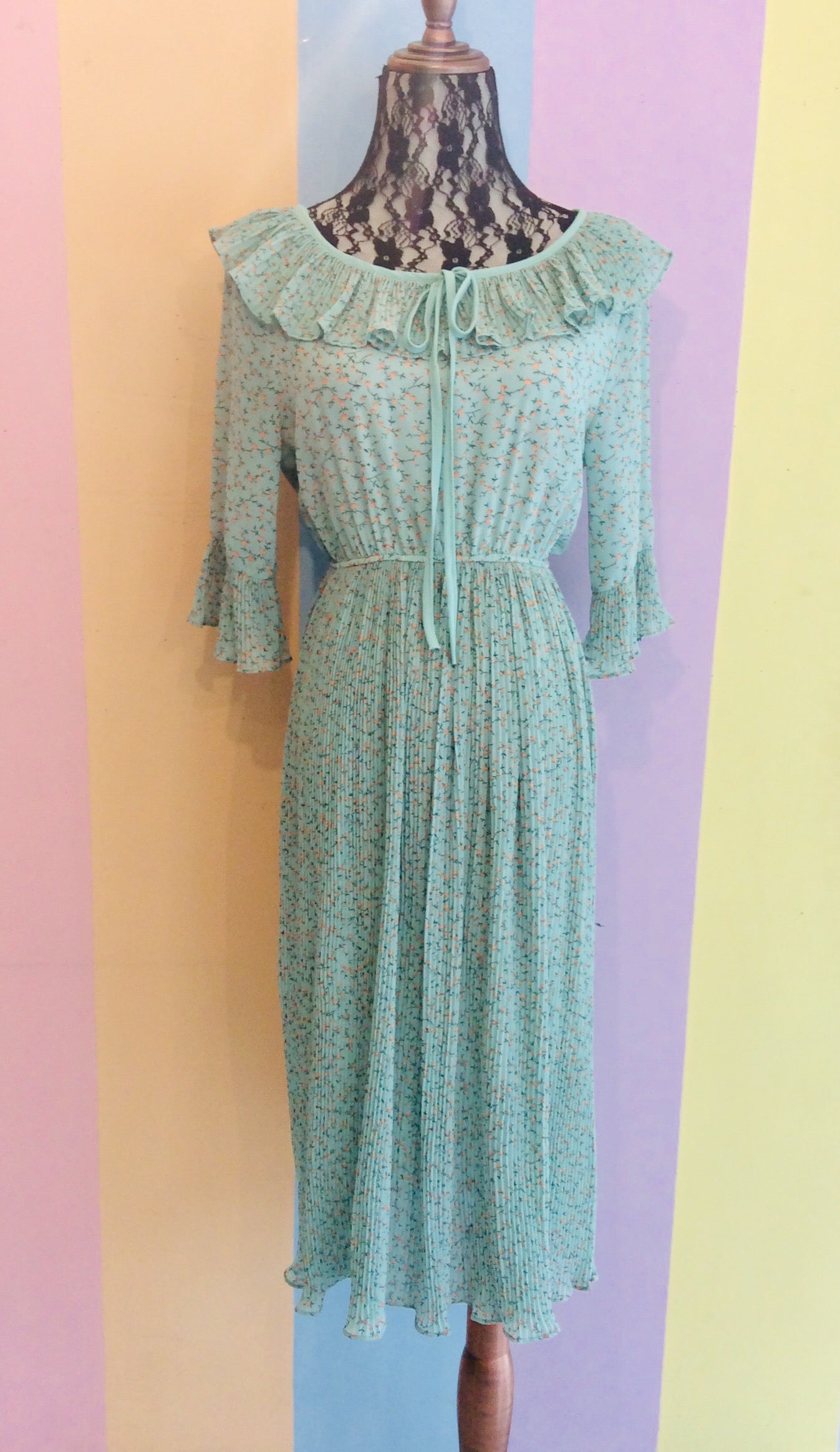 Pleated Collar Sleeves & Skirt Floral Maxi Dress w/ Bow Tie