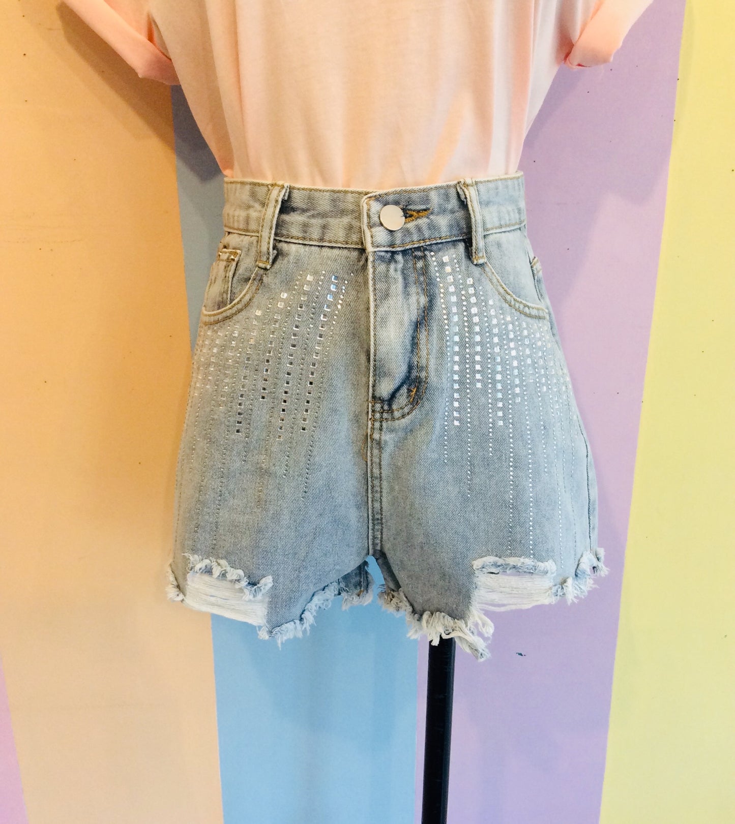Denim Short w/ Drop Shiny Gem Embellishment