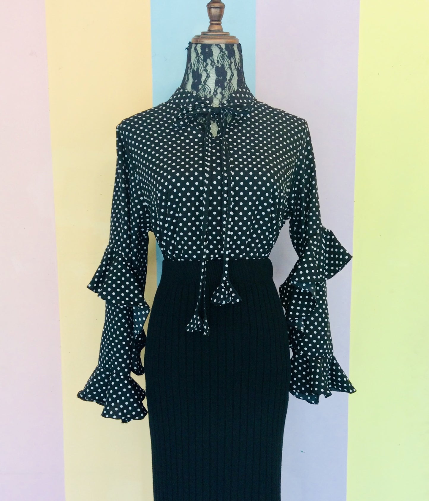 Polka Full Sleeve Top w/ Neck Ribbon and Ruffled Mermaid Sleeves