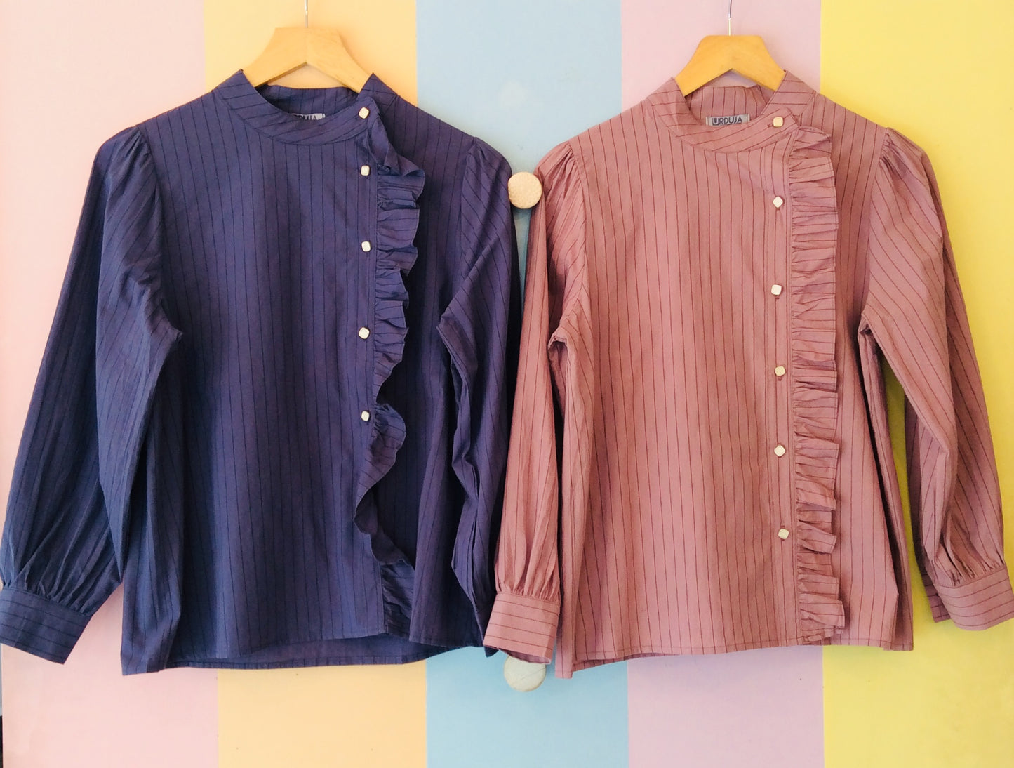Stripe Full Sleeve Cotton Blouse w/ Ruffled Button-Down Effects