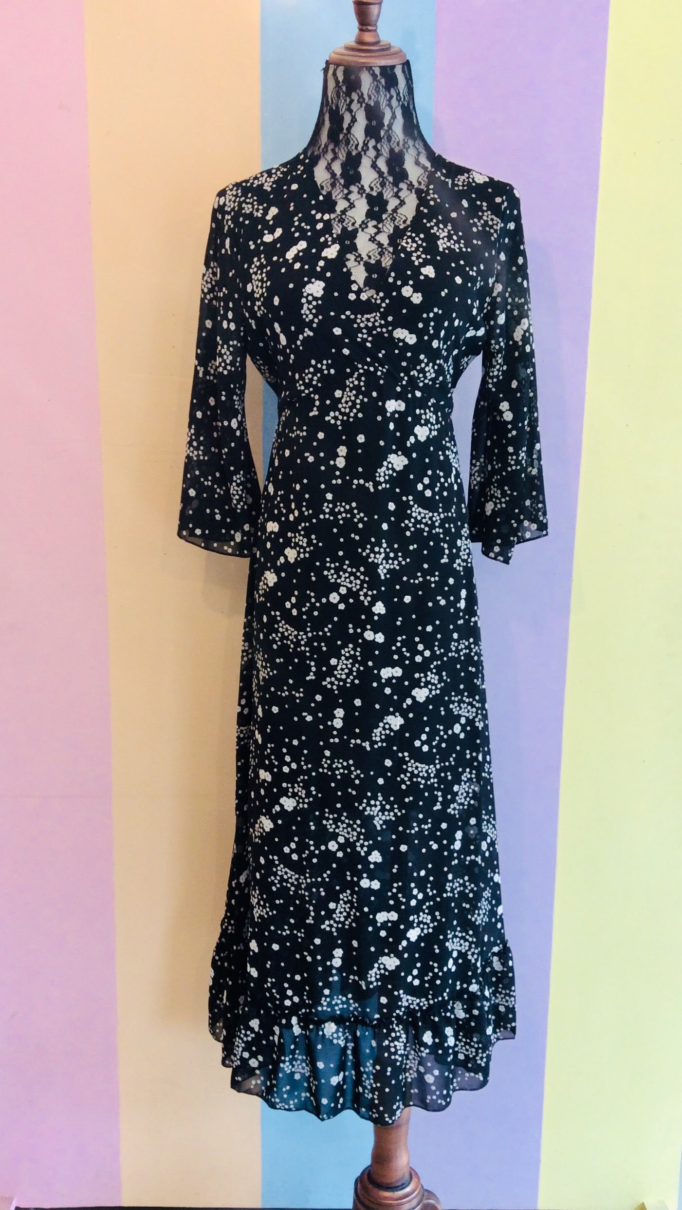 Floral Maxi Dress w/ Bell Sleeves & Attached Bow Belt