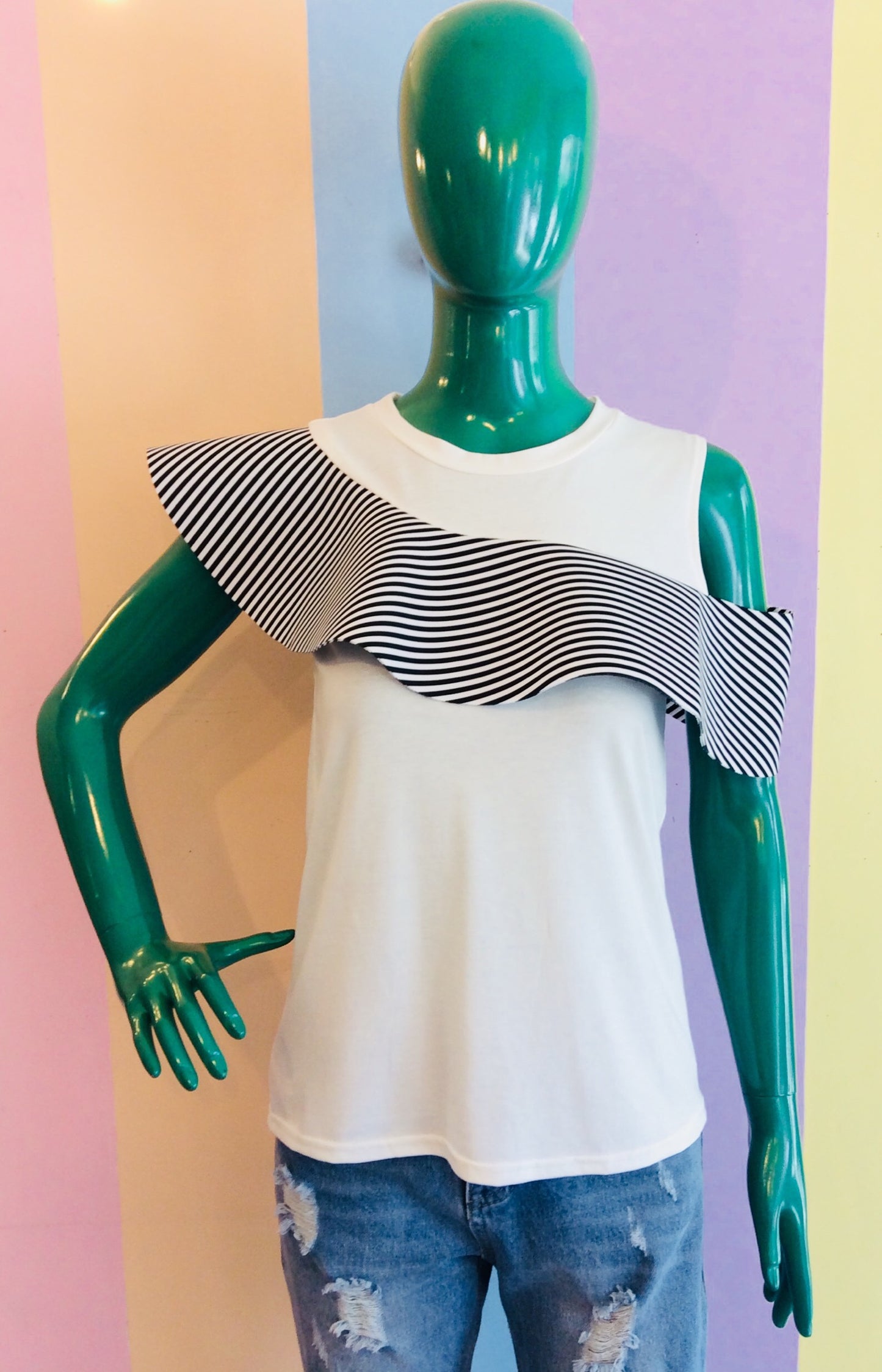 Plain Sleeveless Top w/ Asymmetric Stripe Wrap Around