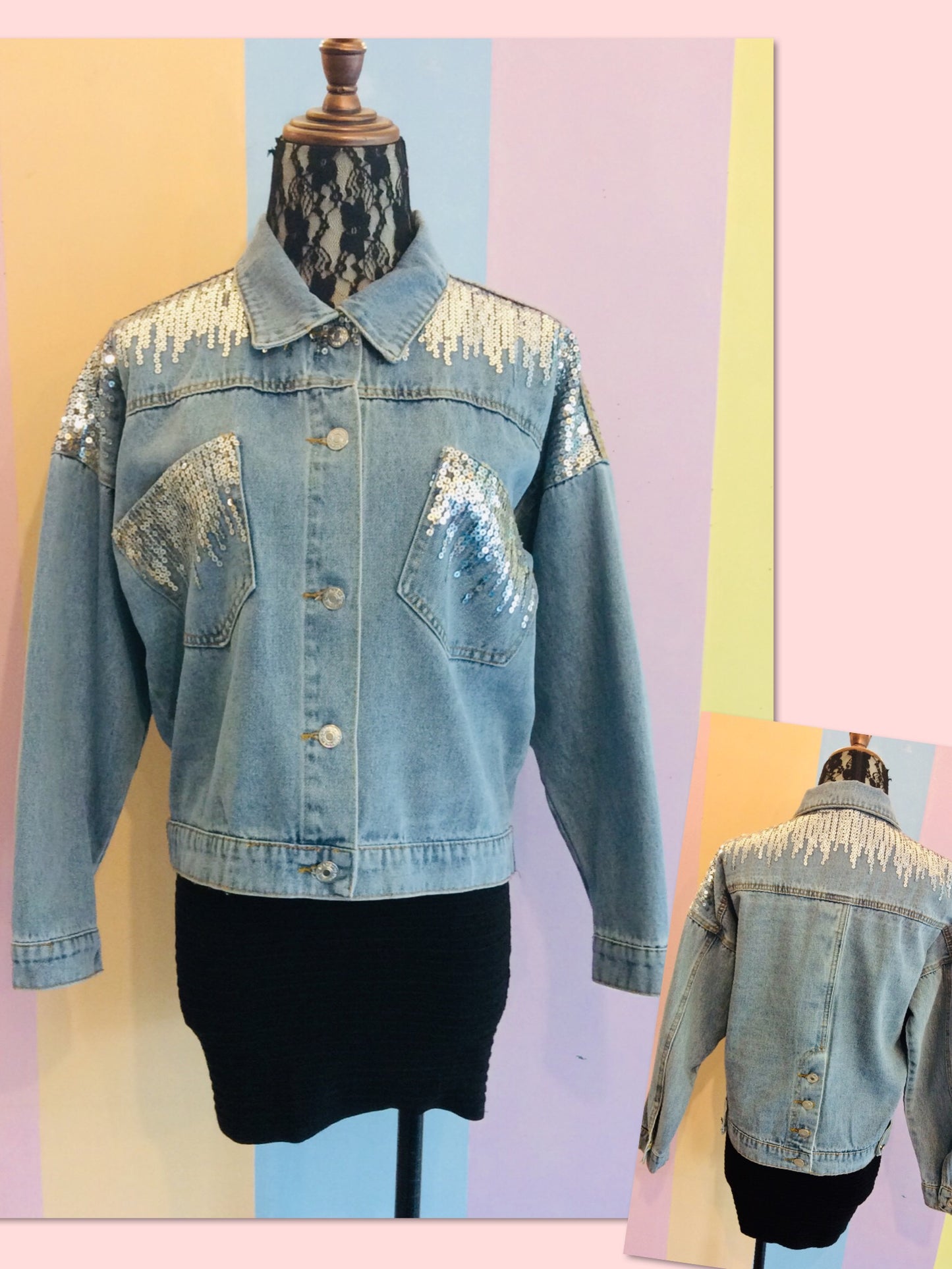 Sequin Denim Button-Down Jacket w/ Slit Back Buttons