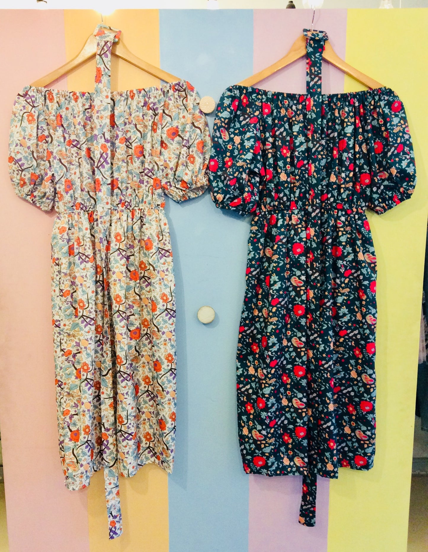 Lavender Floral Off-Shoulder Midi Dress w/ Pair Belt