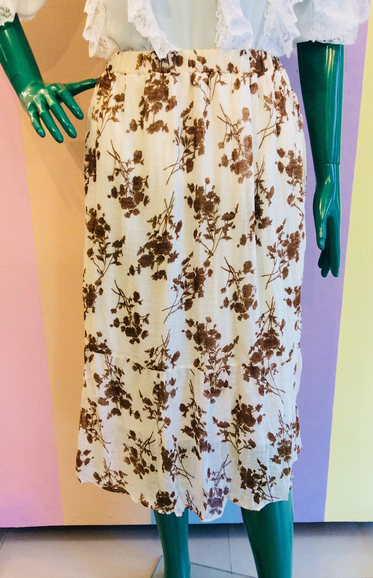 Crumpled Floral Midi Skirt w/ Elastic Waist