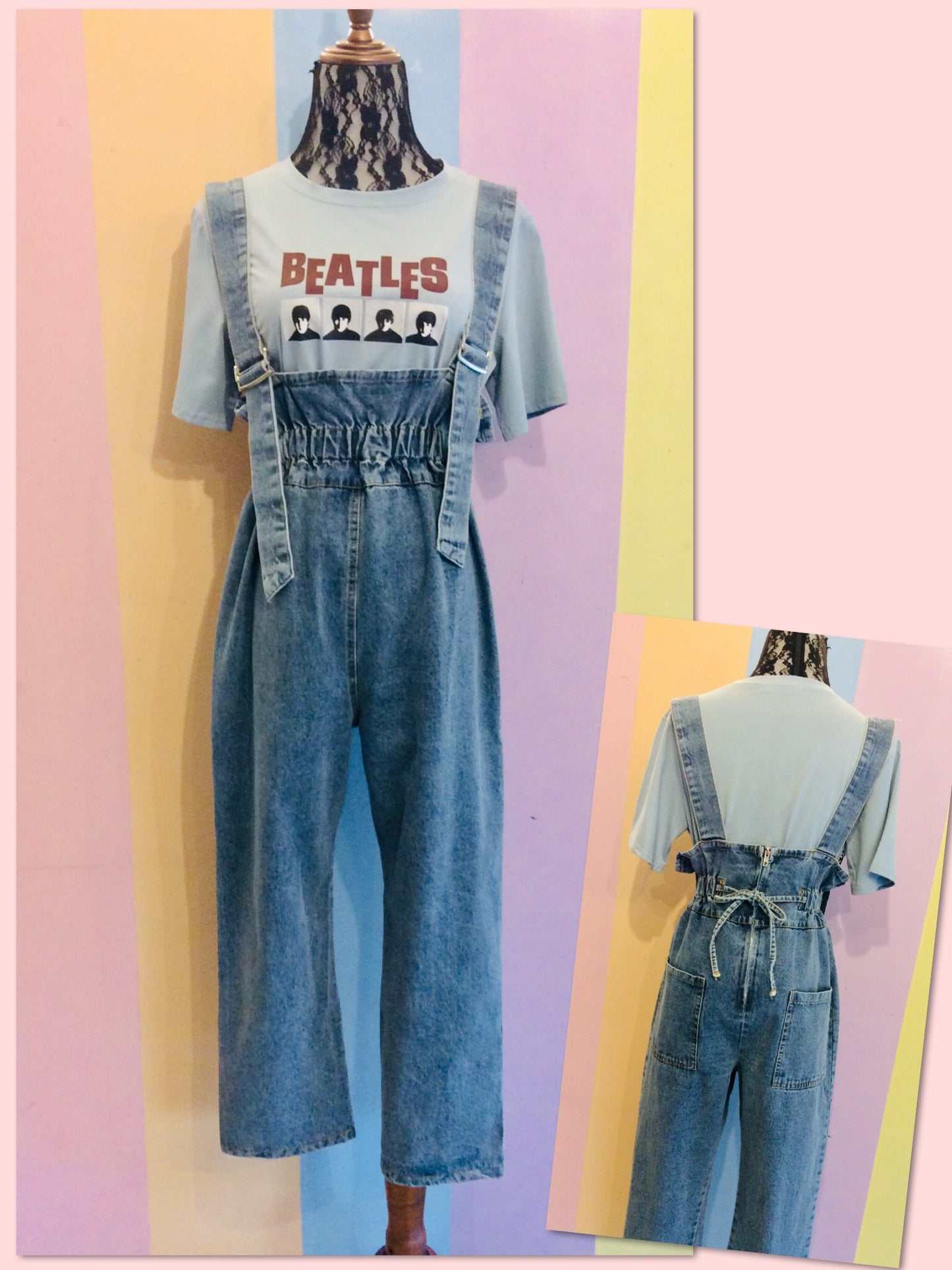 High Waist Draw String Denim Jumper w/ Zip-Up Back