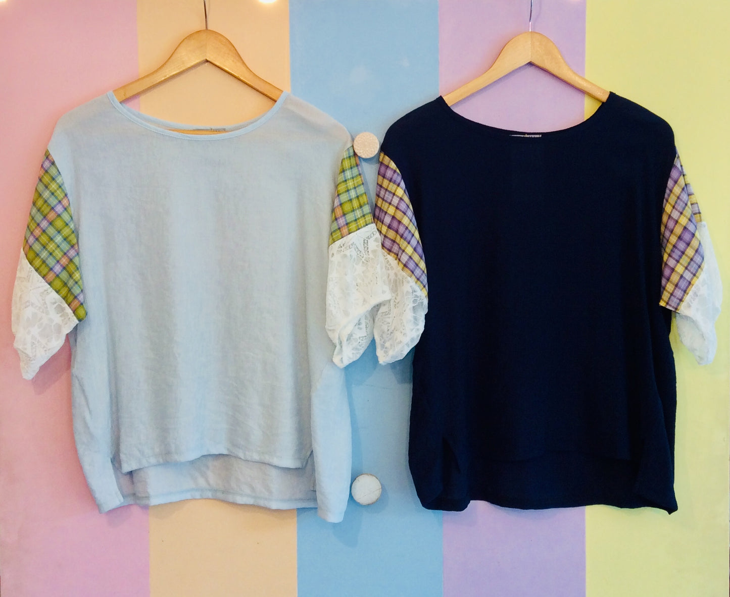 Pastel Top w/ Colorful Sleeve & Lace