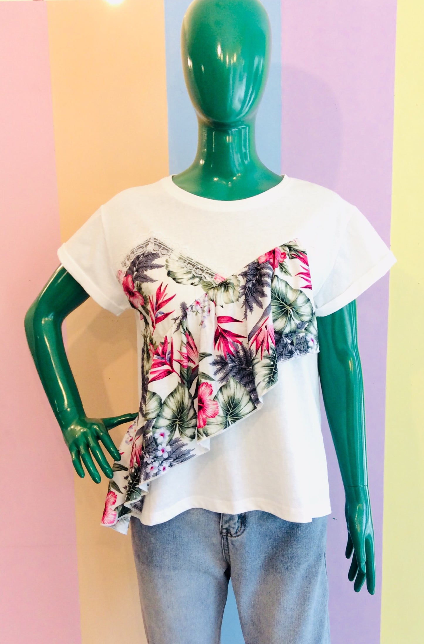 Cotton Tee w/ Tropical Asymmetric Embellishment