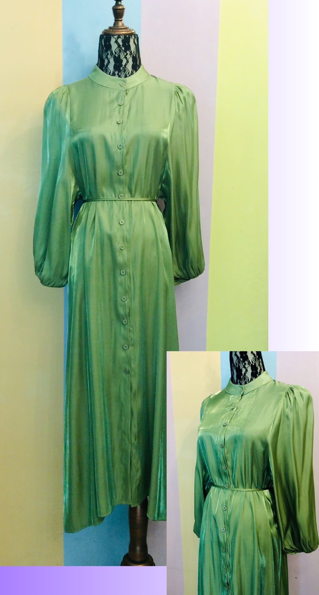 Shimmery Satin Button-Down Maxi Dress w/ Detachable Belt