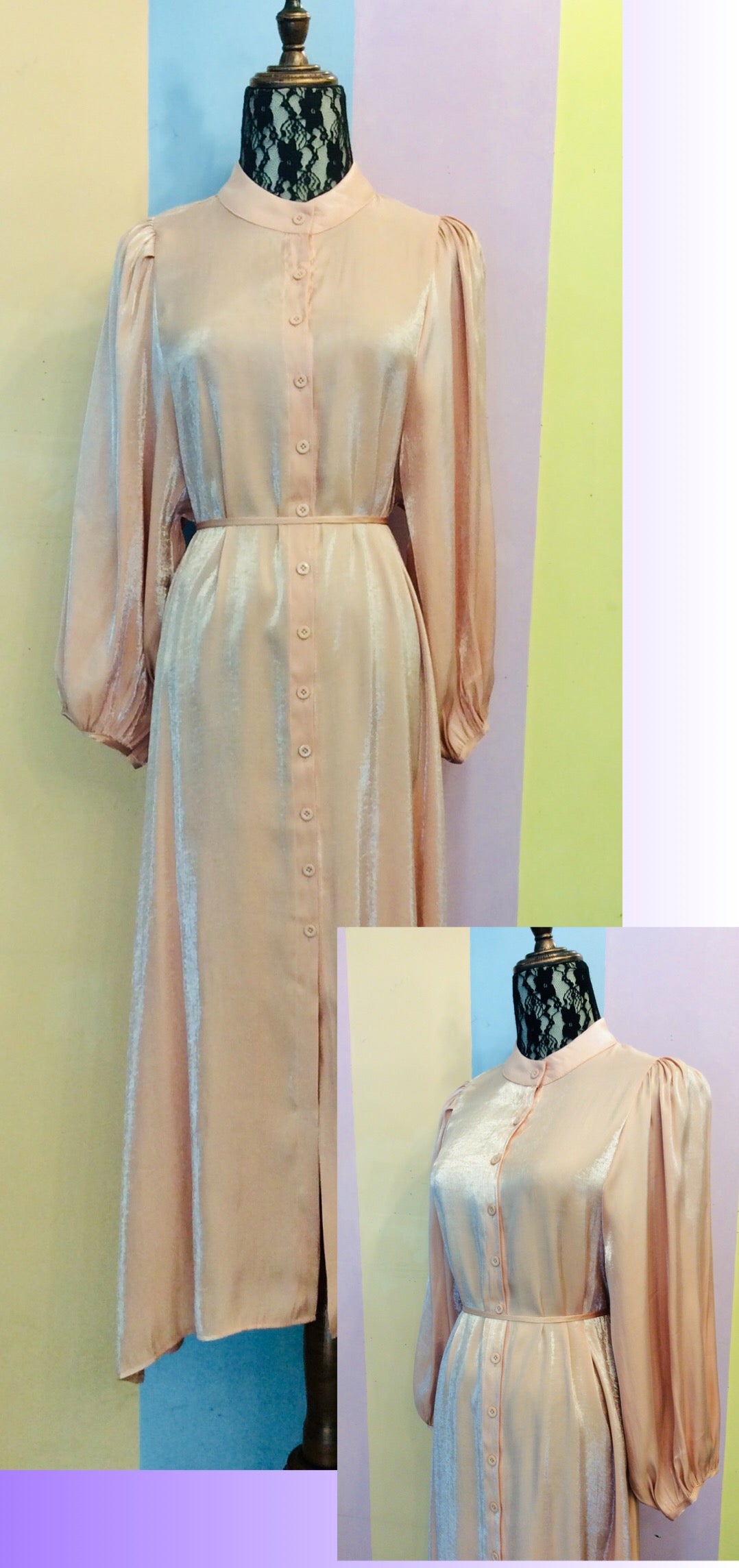 Shimmery Satin Button-Down Maxi Dress w/ Detachable Belt