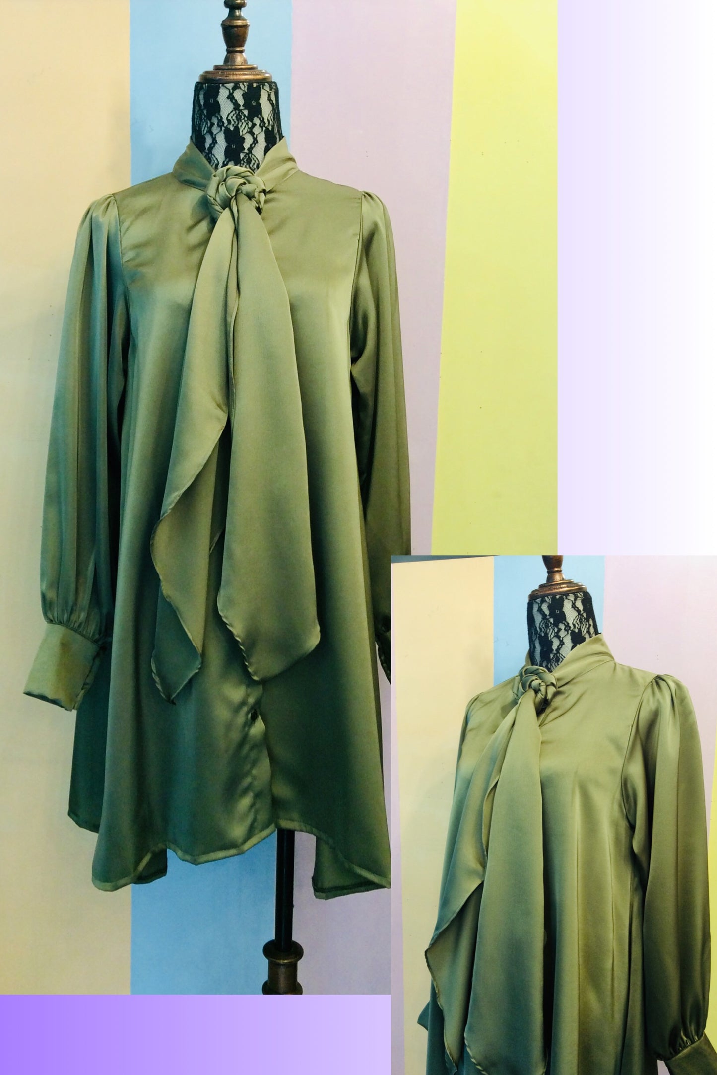 Button-Down Long Sleeves Midi Dress w/ Attached Long Bow