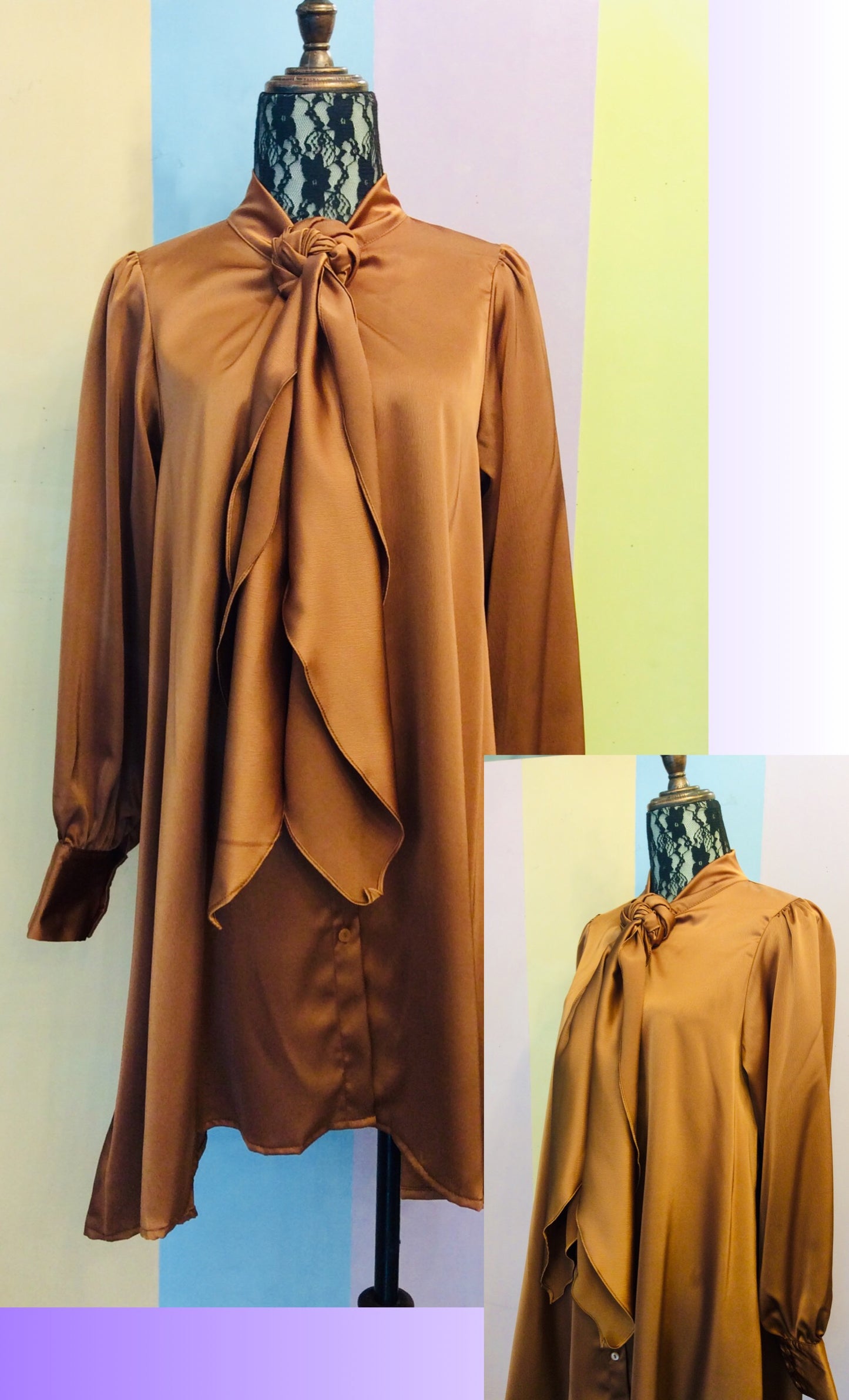 Button-Down Long Sleeves Midi Dress w/ Attached Long Bow