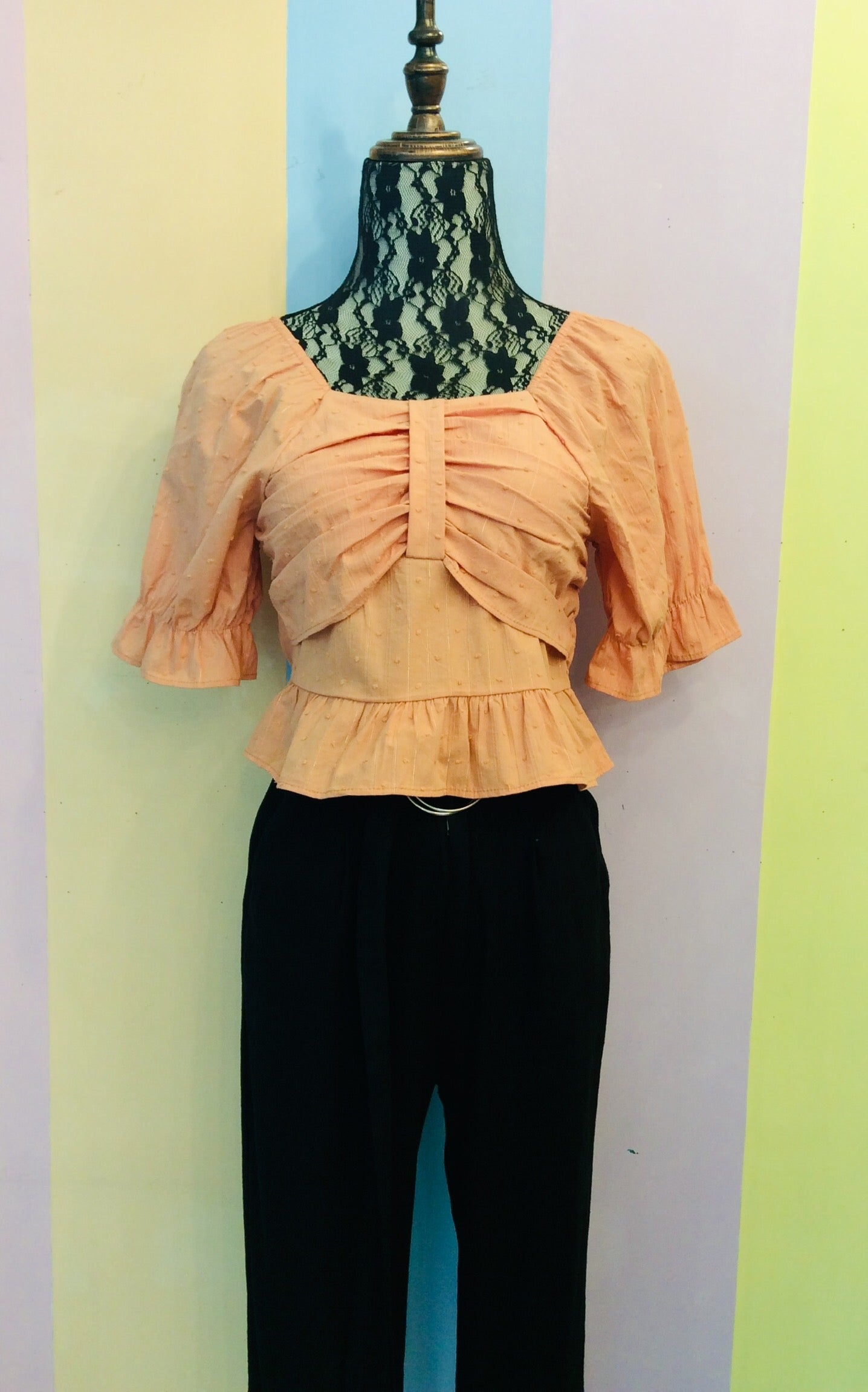 Sabrina Pin-Stipe Crop Top w/ Bow Chest