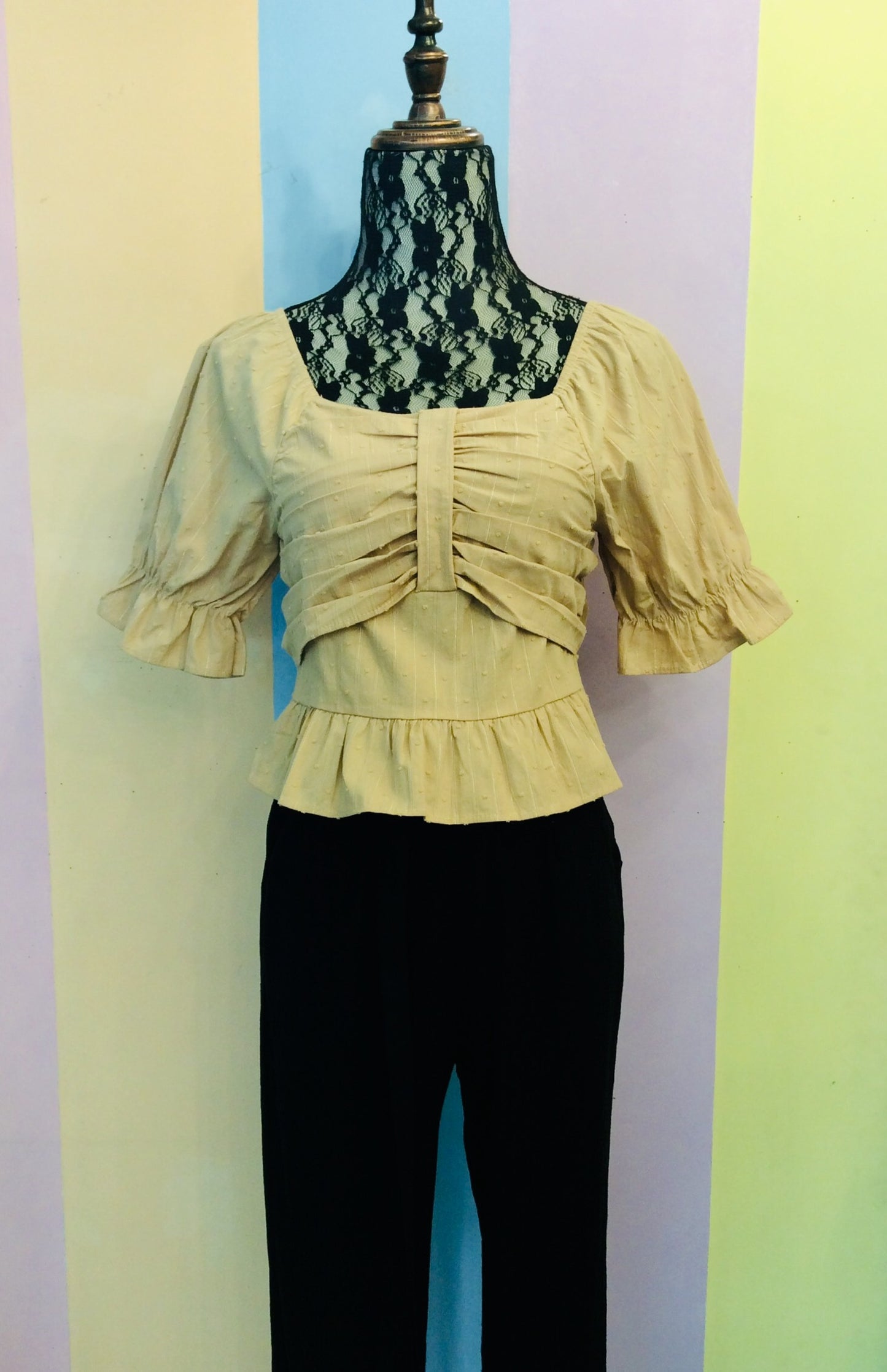 Sabrina Pin-Stipe Crop Top w/ Bow Chest