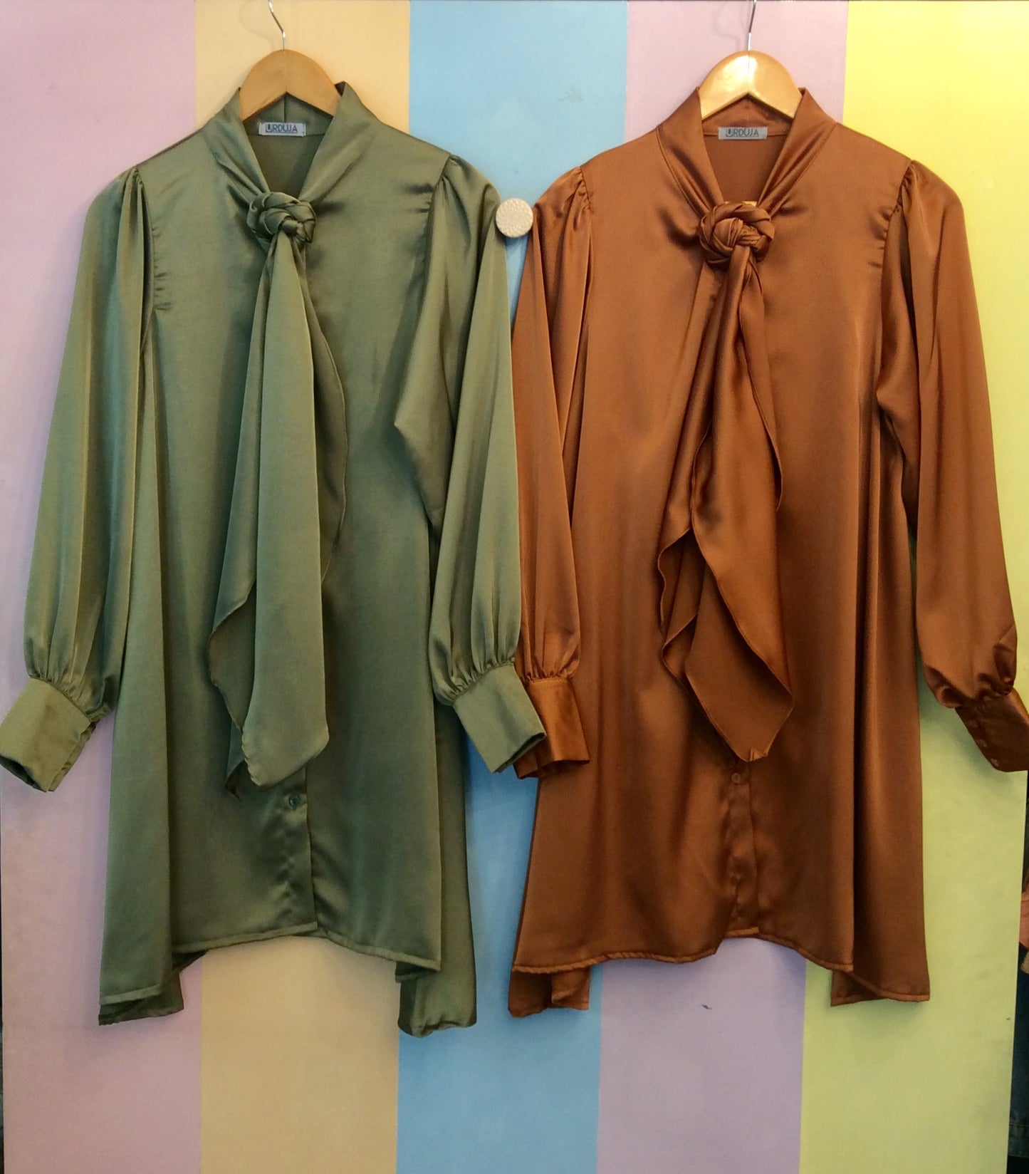 Button-Down Long Sleeves Midi Dress w/ Attached Long Bow