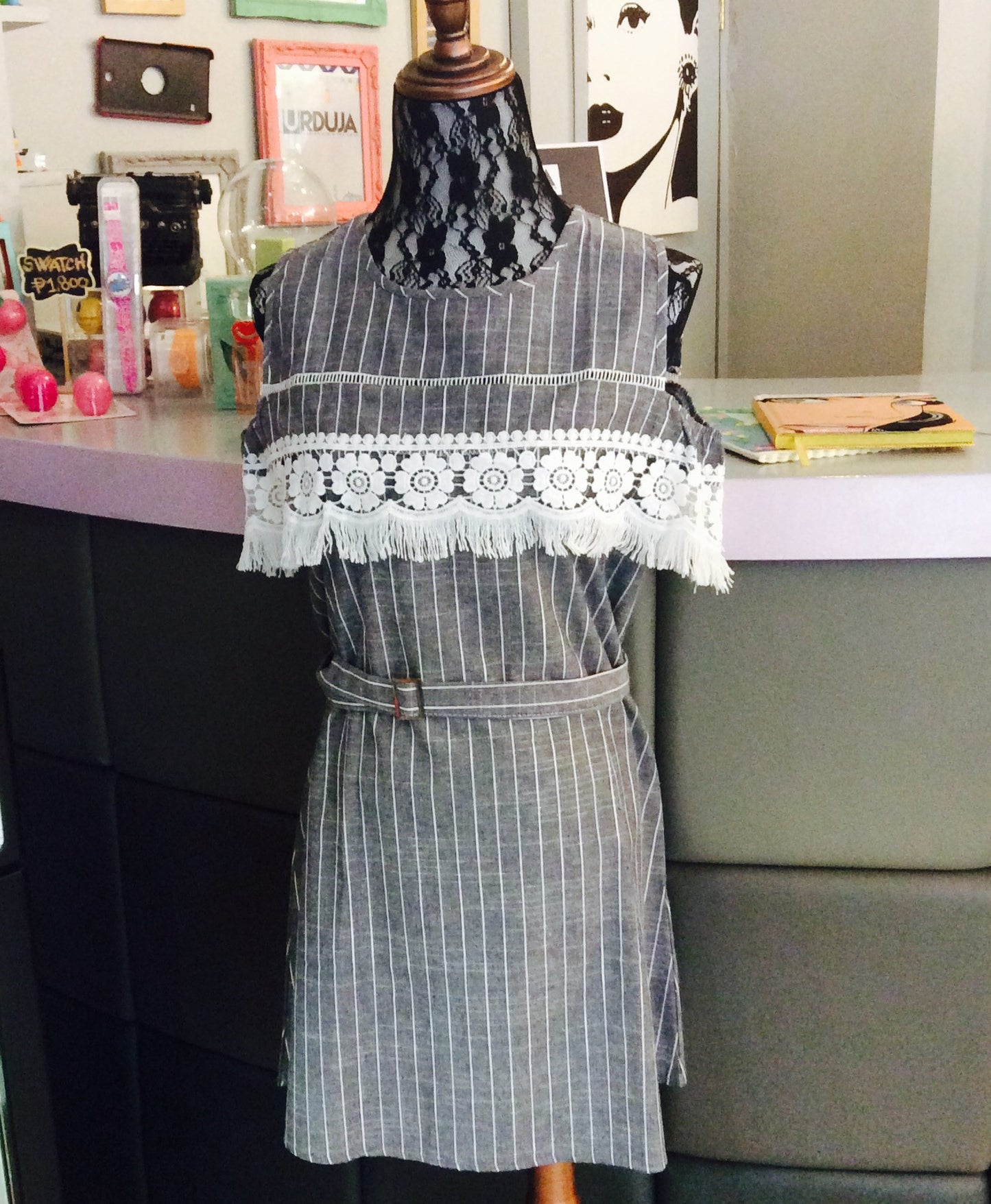 Denim Like Sabrina Dress In Stripes Lace & Tazzles
