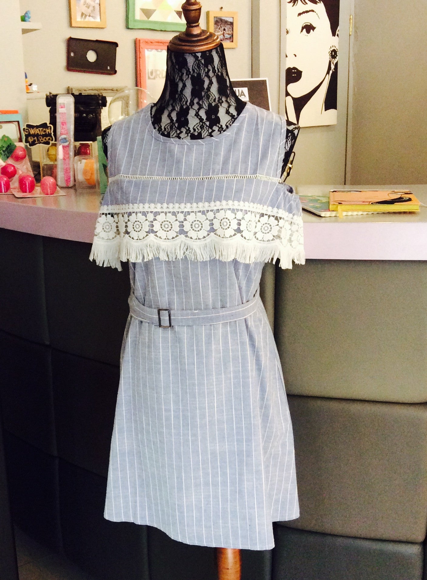 Denim Like Sabrina Dress In Stripes Lace & Tazzles
