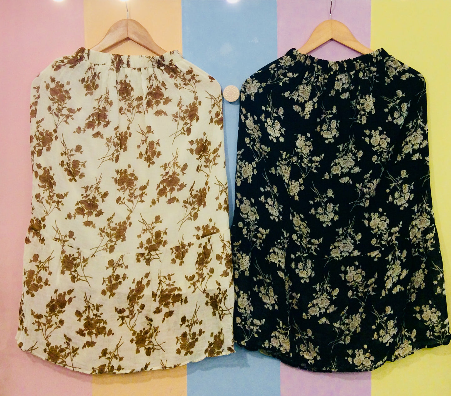 Crumpled Floral Midi Skirt w/ Elastic Waist